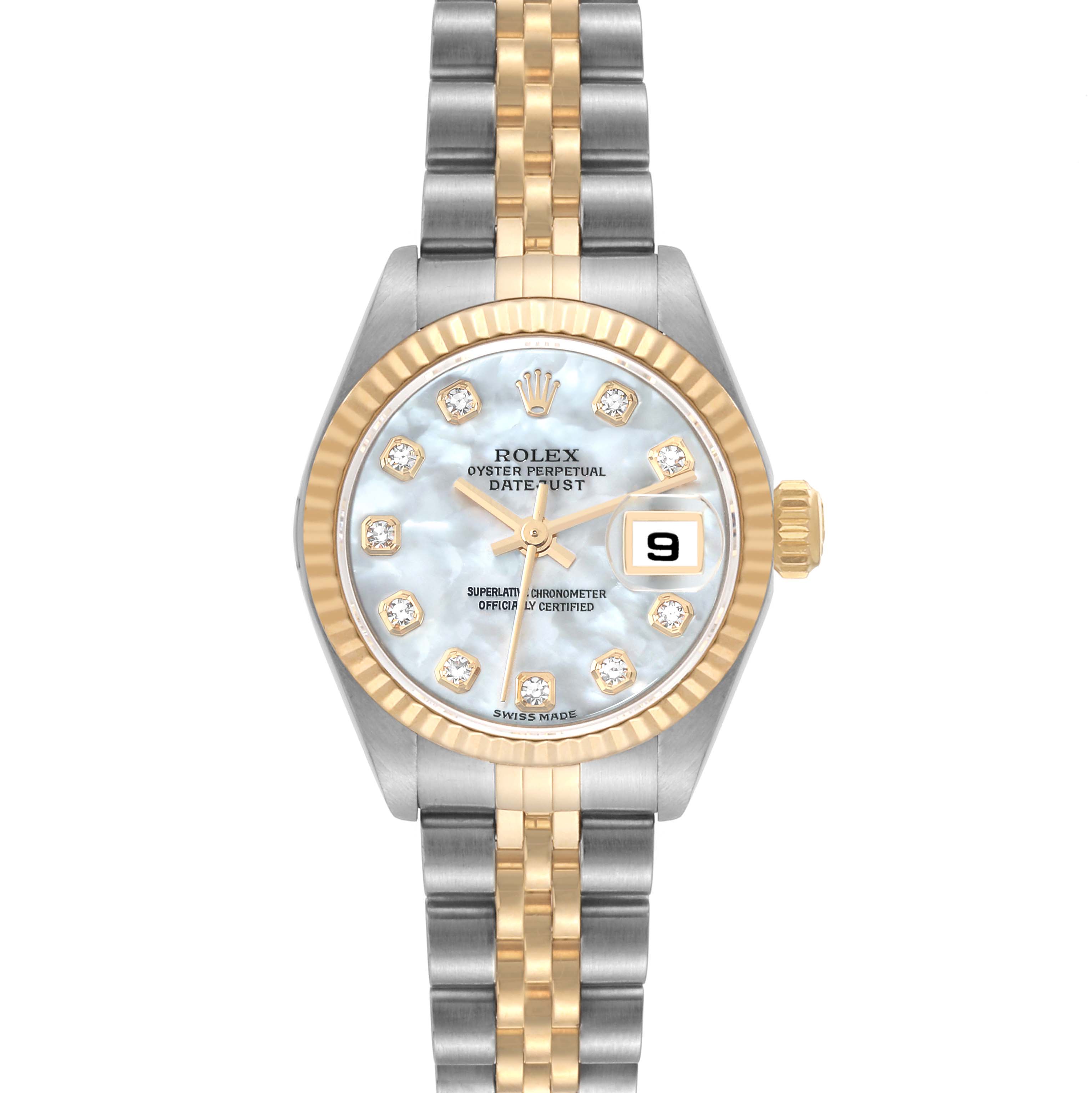 The image shows a Rolex Datejust 79173 Women's Steel and Gold (two tone) Mother of Pearl Dial 79173 Women's Steel and Gold (two tone) Mother of Pearl Dial watch from a front angle, highlighting its two-tone bracelet, fluted bezel, and dial with diamond markers.