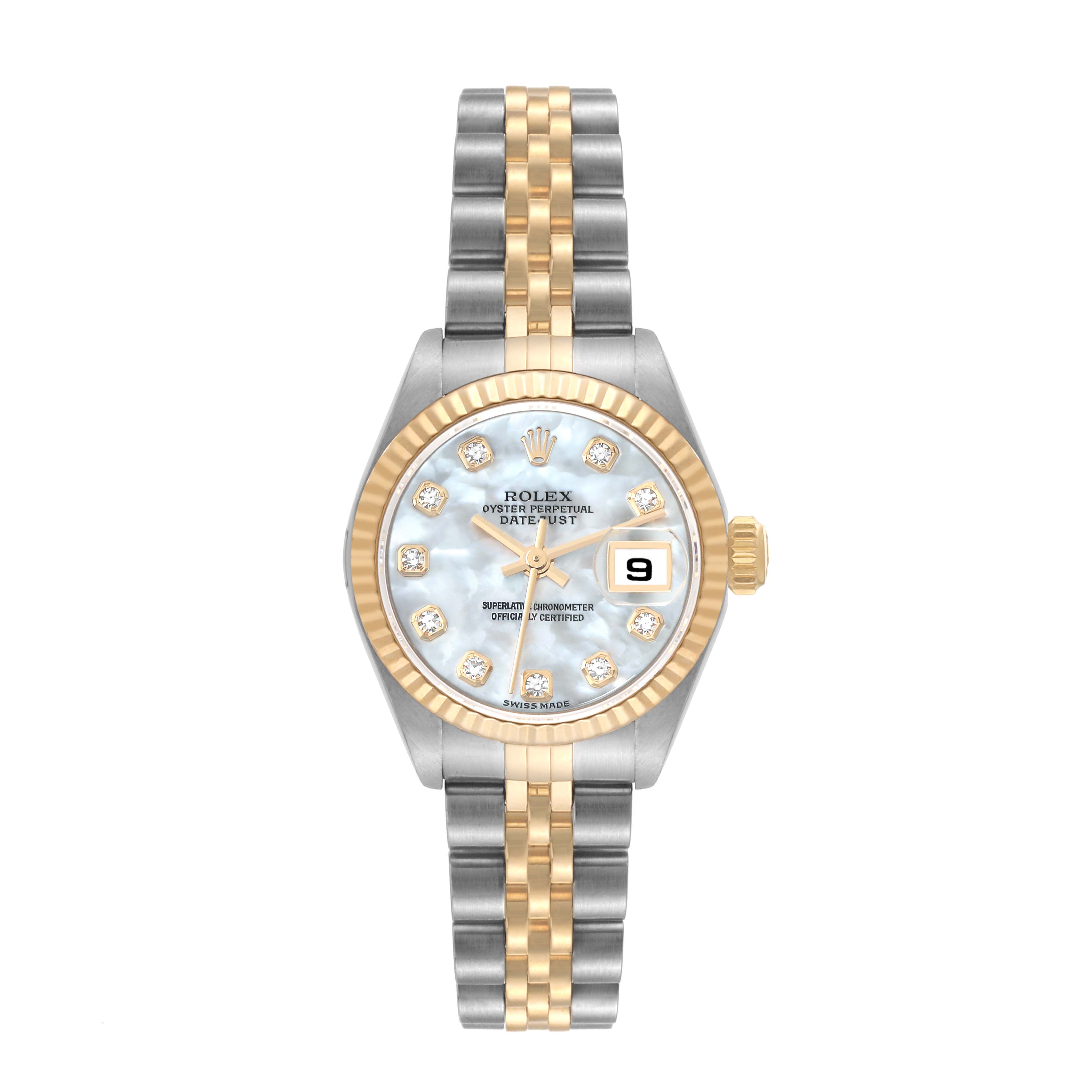 This image shows a front view of a Rolex Datejust 79173 Women's Steel and Gold (two tone) Mother of Pearl Dial 79173 Women's Steel and Gold (two tone) Mother of Pearl Dial watch, featuring a gold and silver bracelet and diamond markers.