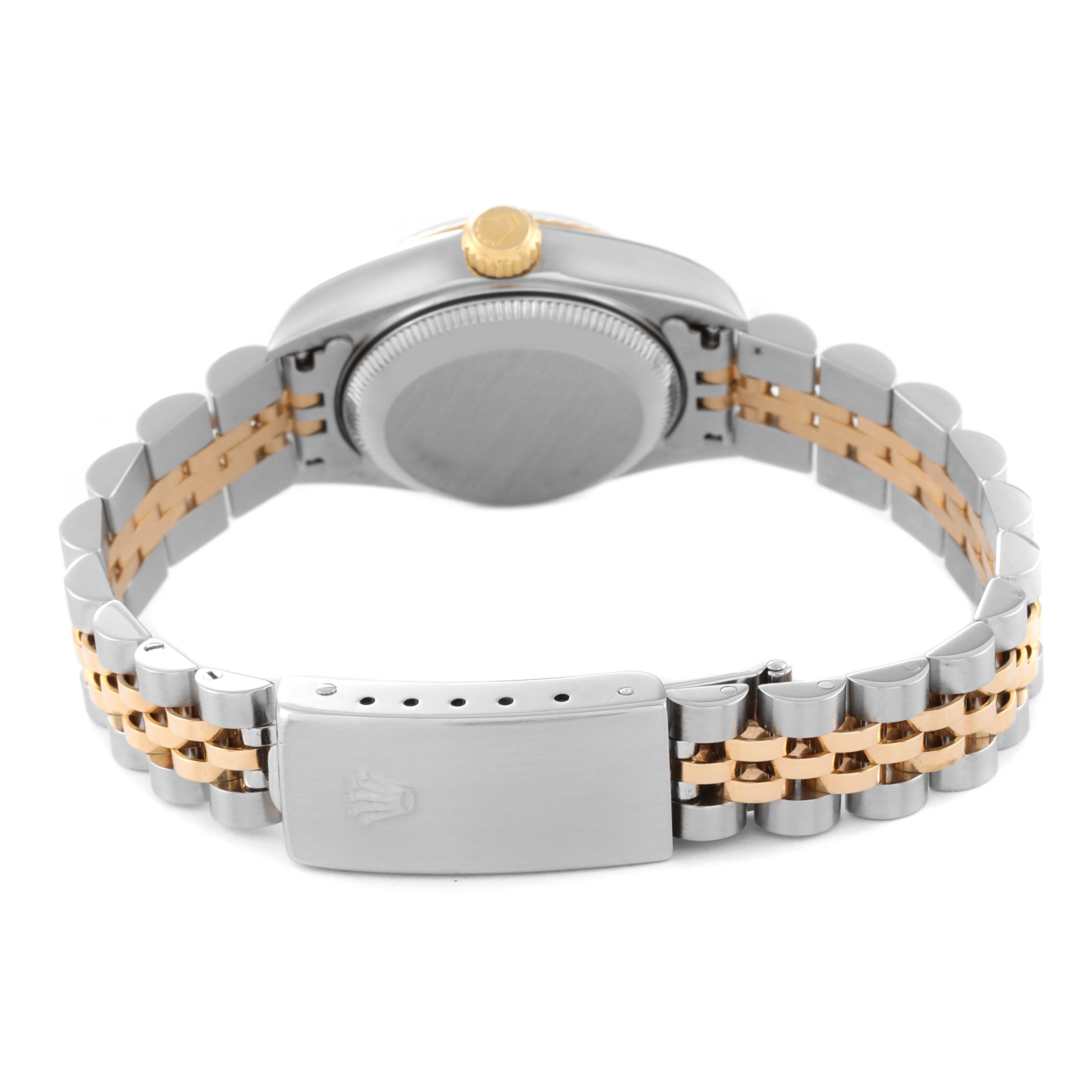 The image shows the back of the Rolex Datejust 79173 Women's Steel and Gold (two tone) Mother of Pearl Dial 79173 Women's Steel and Gold (two tone) Mother of Pearl Dial watch, focusing on its two-tone bracelet and clasp.