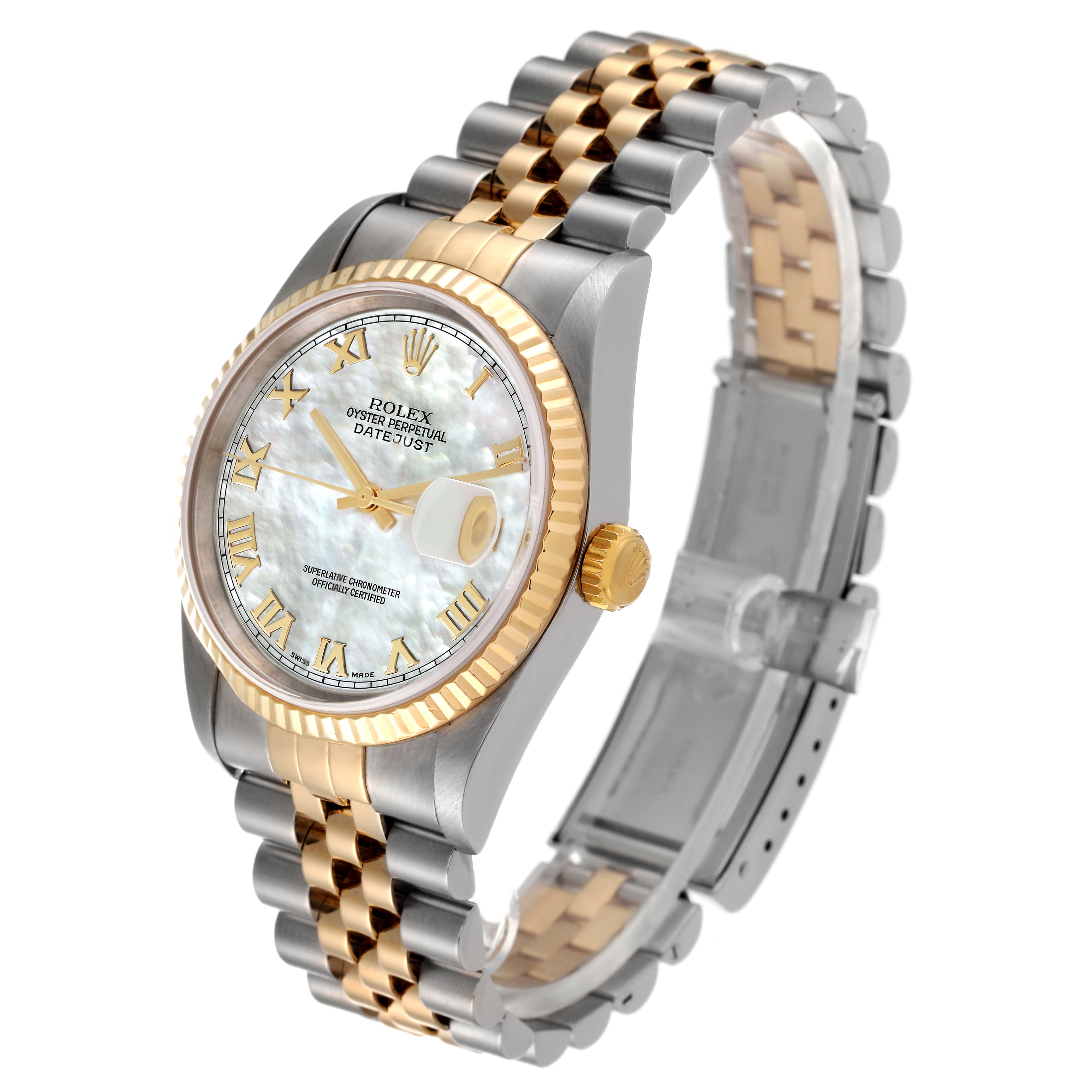 The Rolex Datejust 16233 Men's Steel and Gold (two tone) Mother of Pearl Dial 16233 Men's Steel and Gold (two tone) Mother of Pearl Dial watch is shown at an angle displaying the dial, bezel, crown, and two-tone Jubilee bracelet.