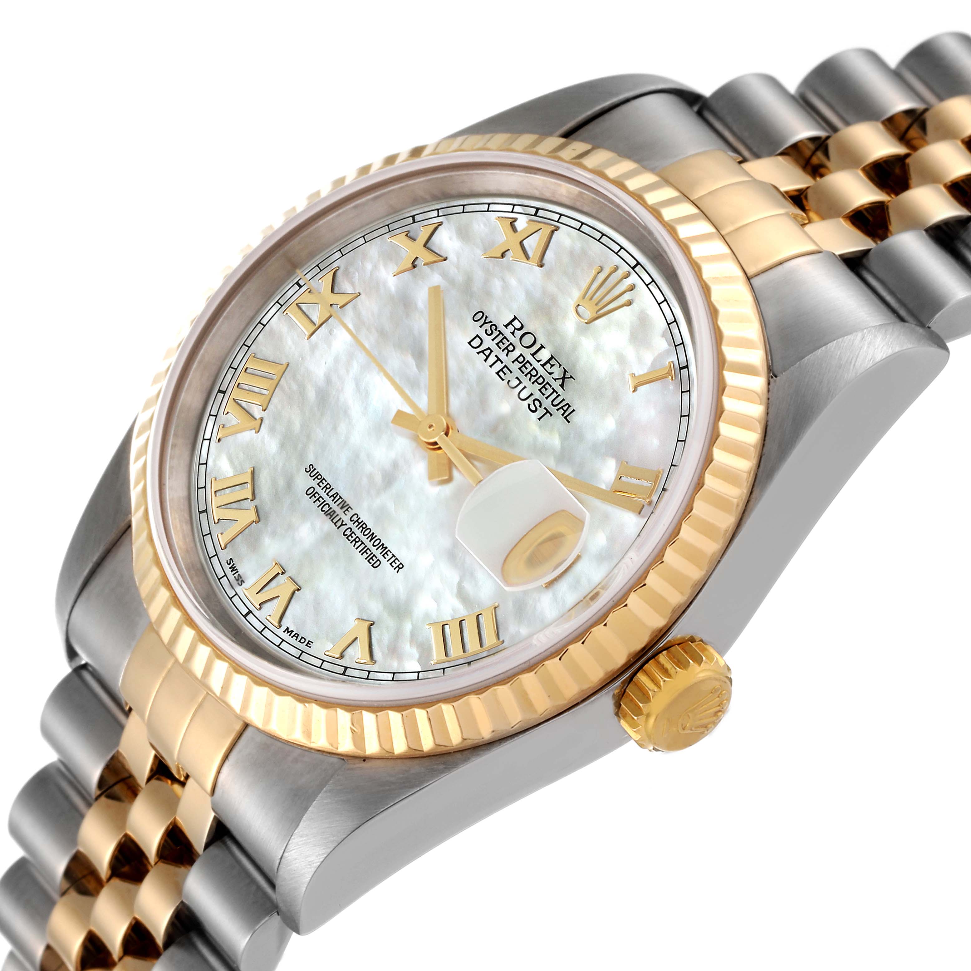 The Rolex Datejust 16233 Men's Steel and Gold (two tone) Mother of Pearl Dial 16233 Men's Steel and Gold (two tone) Mother of Pearl Dial watch is shown at an angled view, highlighting the dial, fluted bezel, crown, and bracelet.