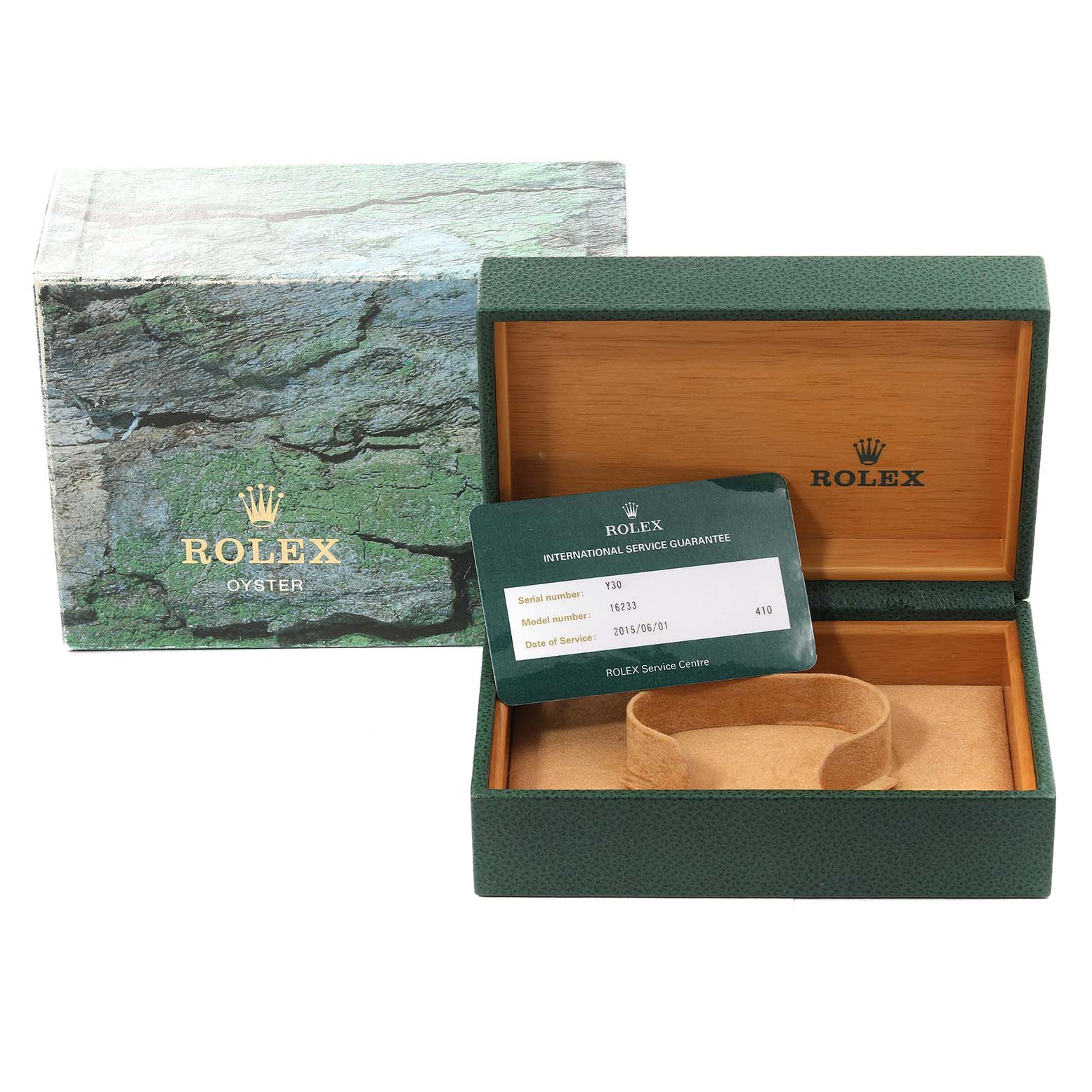 The image shows a Rolex Datejust 16233 Men's Steel and Gold (two tone) Mother of Pearl Dial 16233 Men's Steel and Gold (two tone) Mother of Pearl Dial watch box, an outer sleeve, and an international service guarantee card.