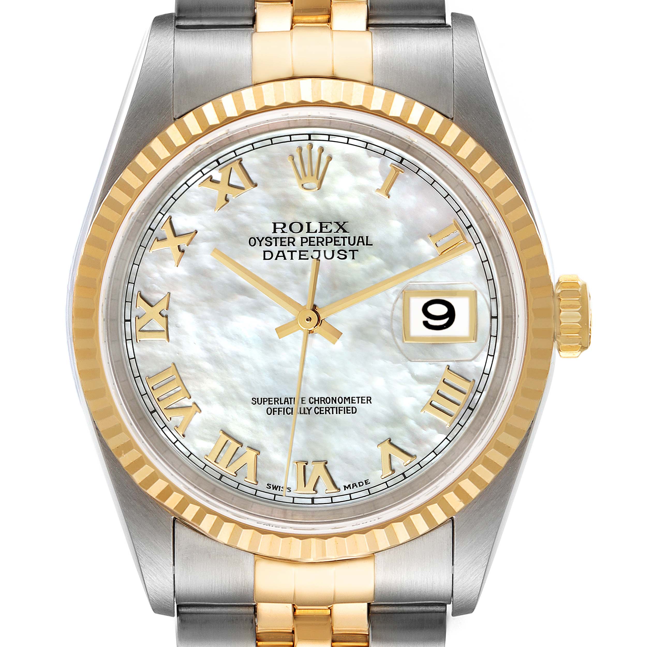 This image shows a front view of the Rolex Datejust 16233 Men's Steel and Gold (two tone) Mother of Pearl Dial 16233 Men's Steel and Gold (two tone) Mother of Pearl Dial watch featuring a two-tone bracelet, fluted bezel, and a date display at 3 o'clock.