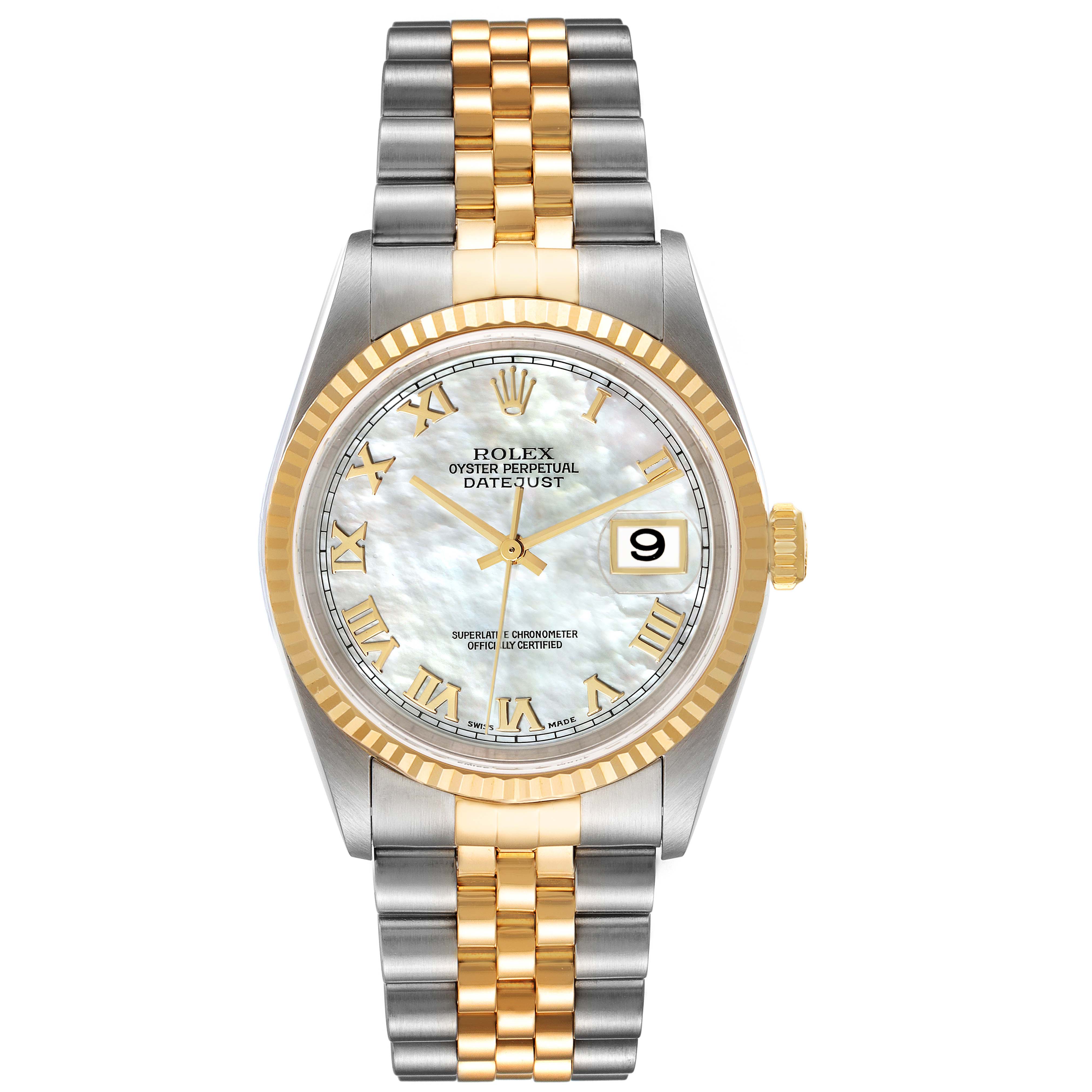 This image shows a front view of a Rolex Datejust 16233 Men's Steel and Gold (two tone) Mother of Pearl Dial 16233 Men's Steel and Gold (two tone) Mother of Pearl Dial watch featuring a two-tone bracelet, fluted bezel, and date display.