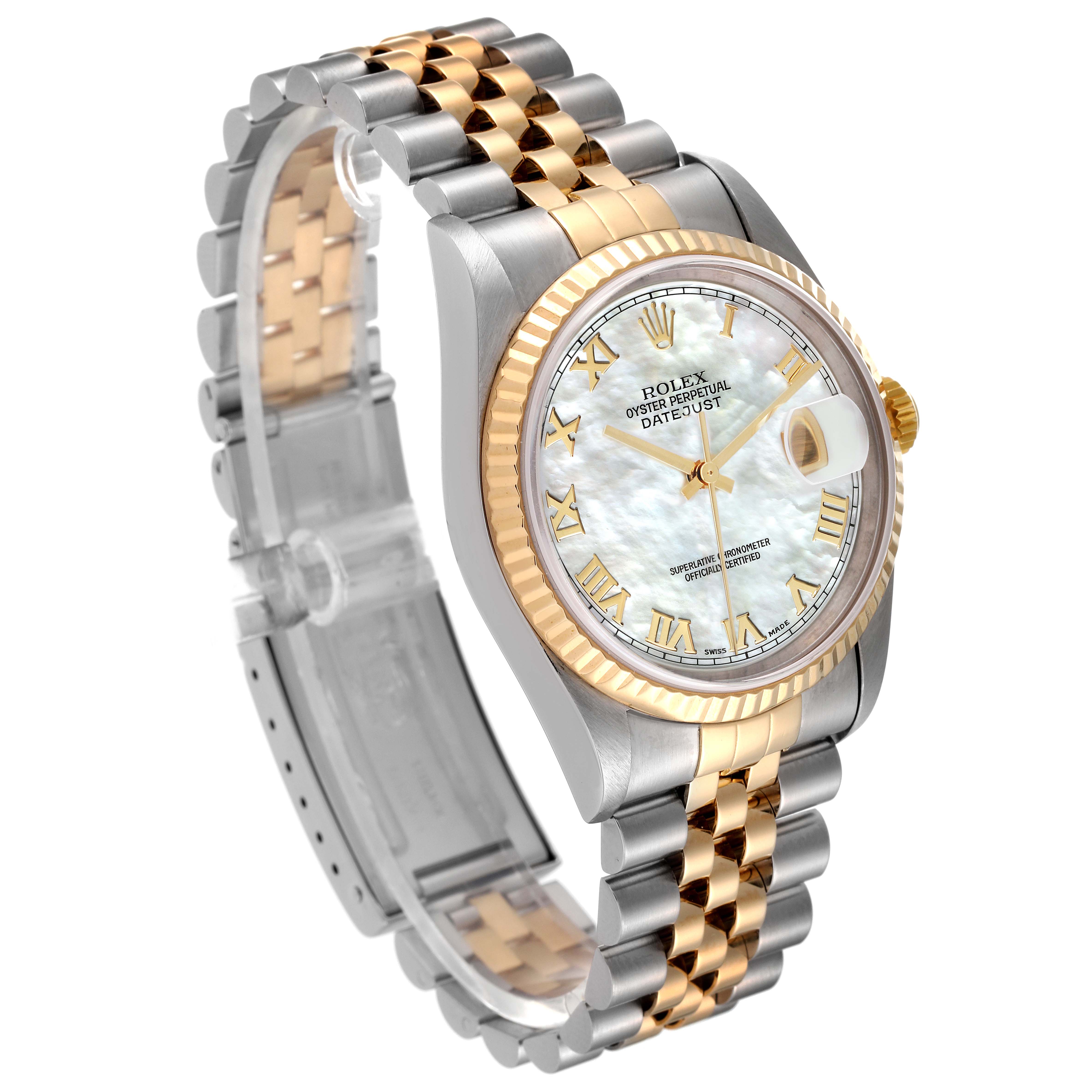 This image shows a side angle of a Rolex Datejust 16233 Men's Steel and Gold (two tone) Mother of Pearl Dial 16233 Men's Steel and Gold (two tone) Mother of Pearl Dial watch, highlighting its two-tone bracelet and mother-of-pearl dial with Roman numerals.