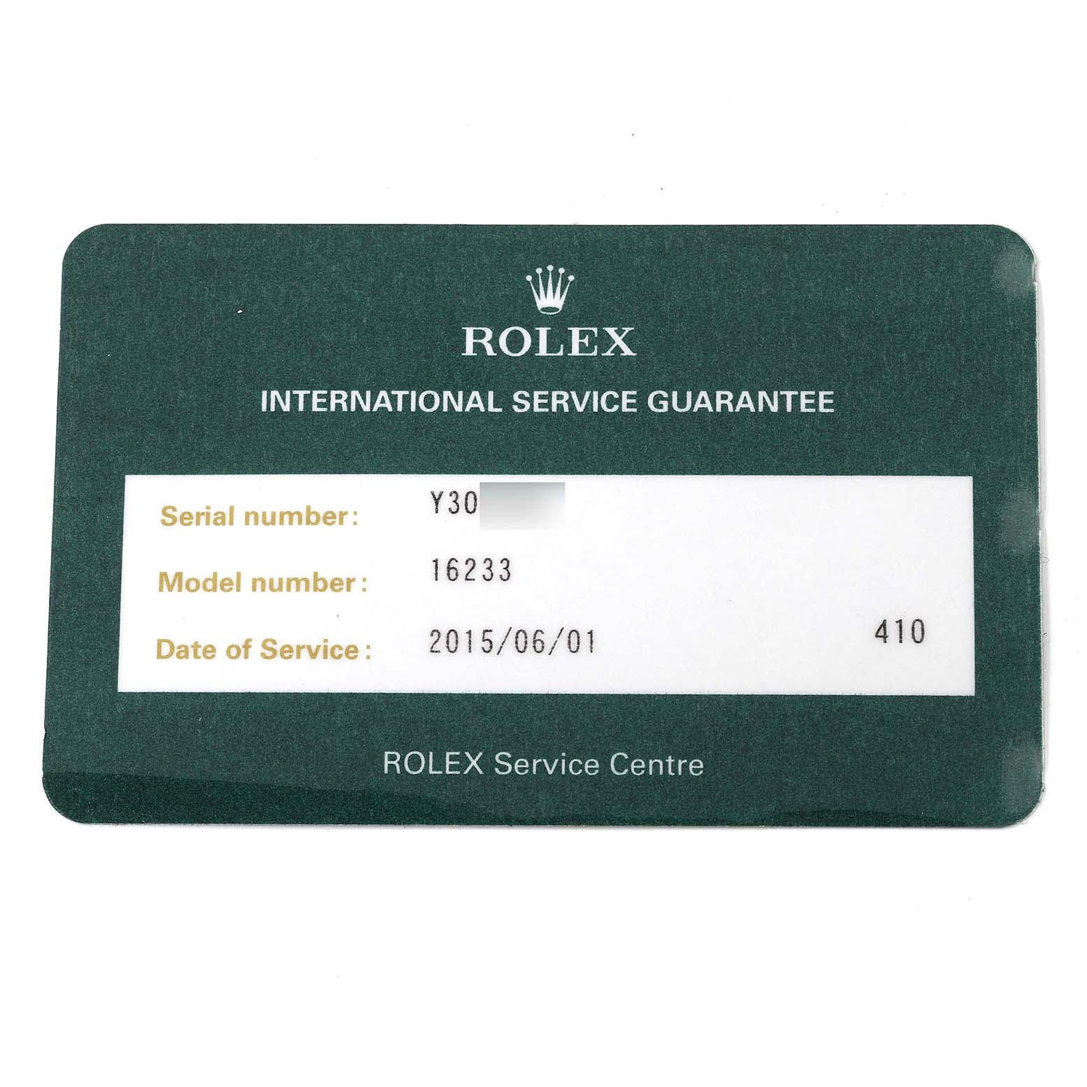 The image shows a Rolex International Service Guarantee card for the Rolex Datejust 16233 Men's Steel and Gold (two tone) Mother of Pearl Dial 16233 Men's Steel and Gold (two tone) Mother of Pearl Dial model number 16233.