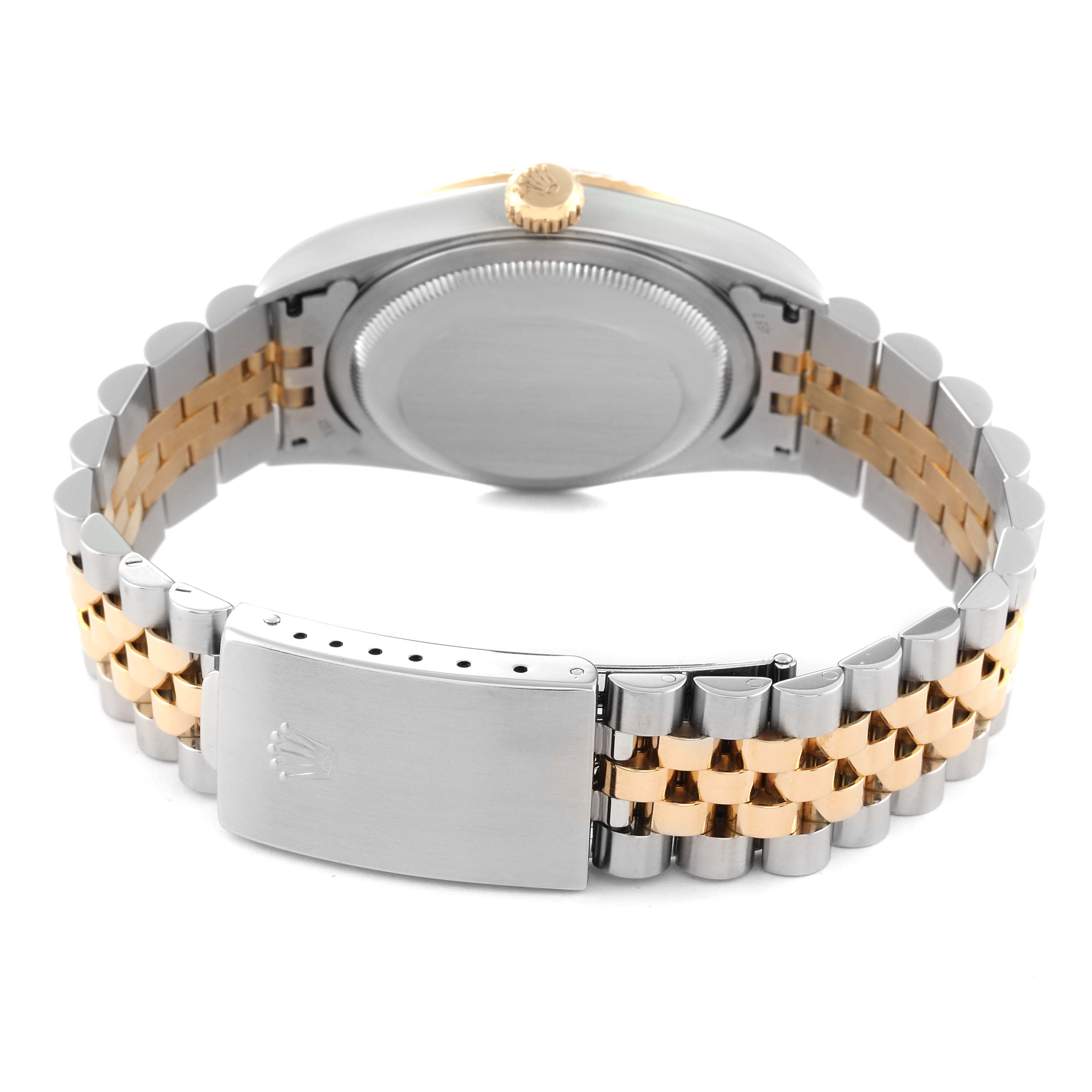 This image shows the back view of the Rolex Datejust 16233 Men's Steel and Gold (two tone) White Dial 16233 Men's Steel and Gold (two tone) White Dial watch, highlighting its case, crown, and two-tone jubilee bracelet.