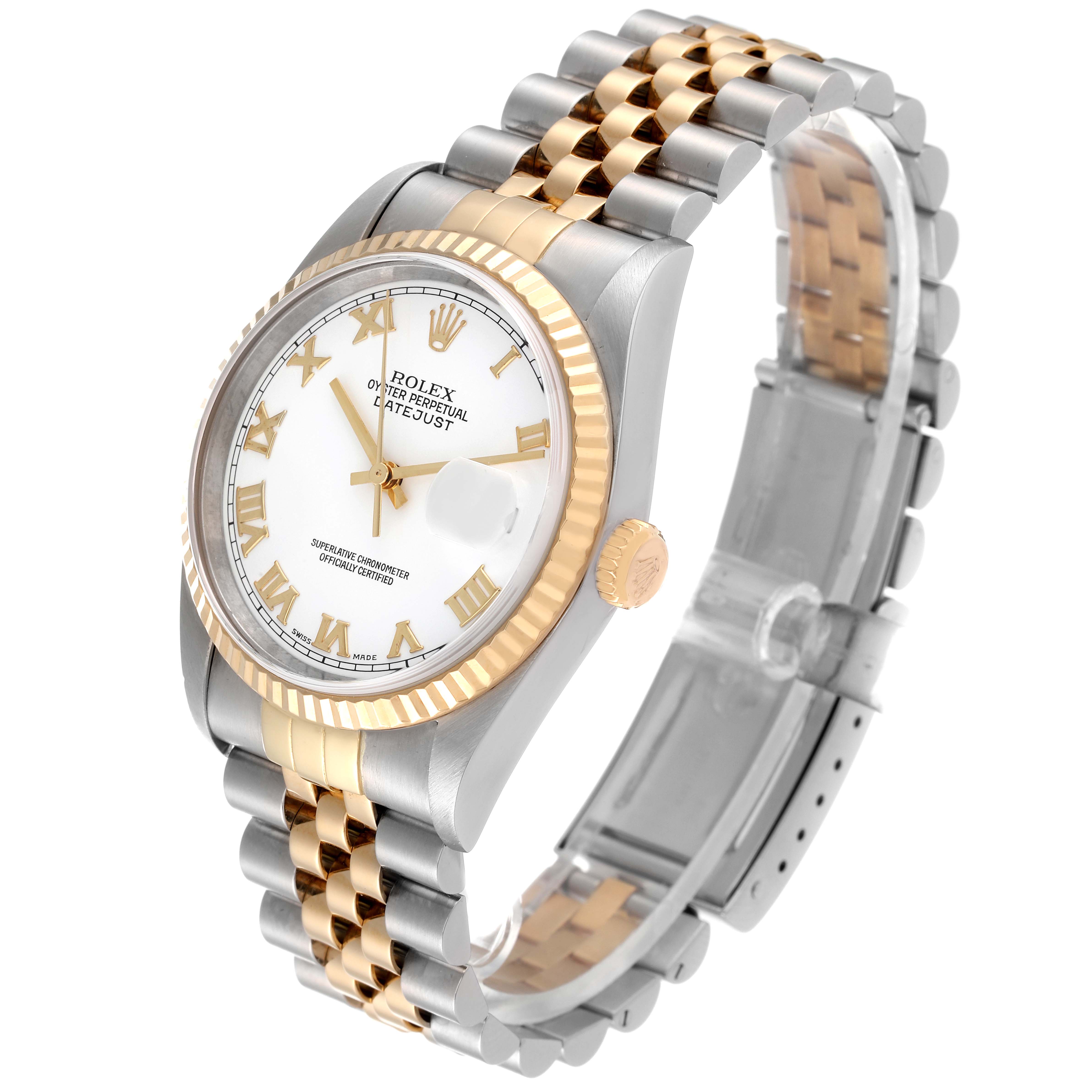 The image shows a Rolex Datejust 16233 Men's Steel and Gold (two tone) White Dial 16233 Men's Steel and Gold (two tone) White Dial watch at a three-quarter angle, highlighting the face, bezel, crown, and two-tone bracelet.