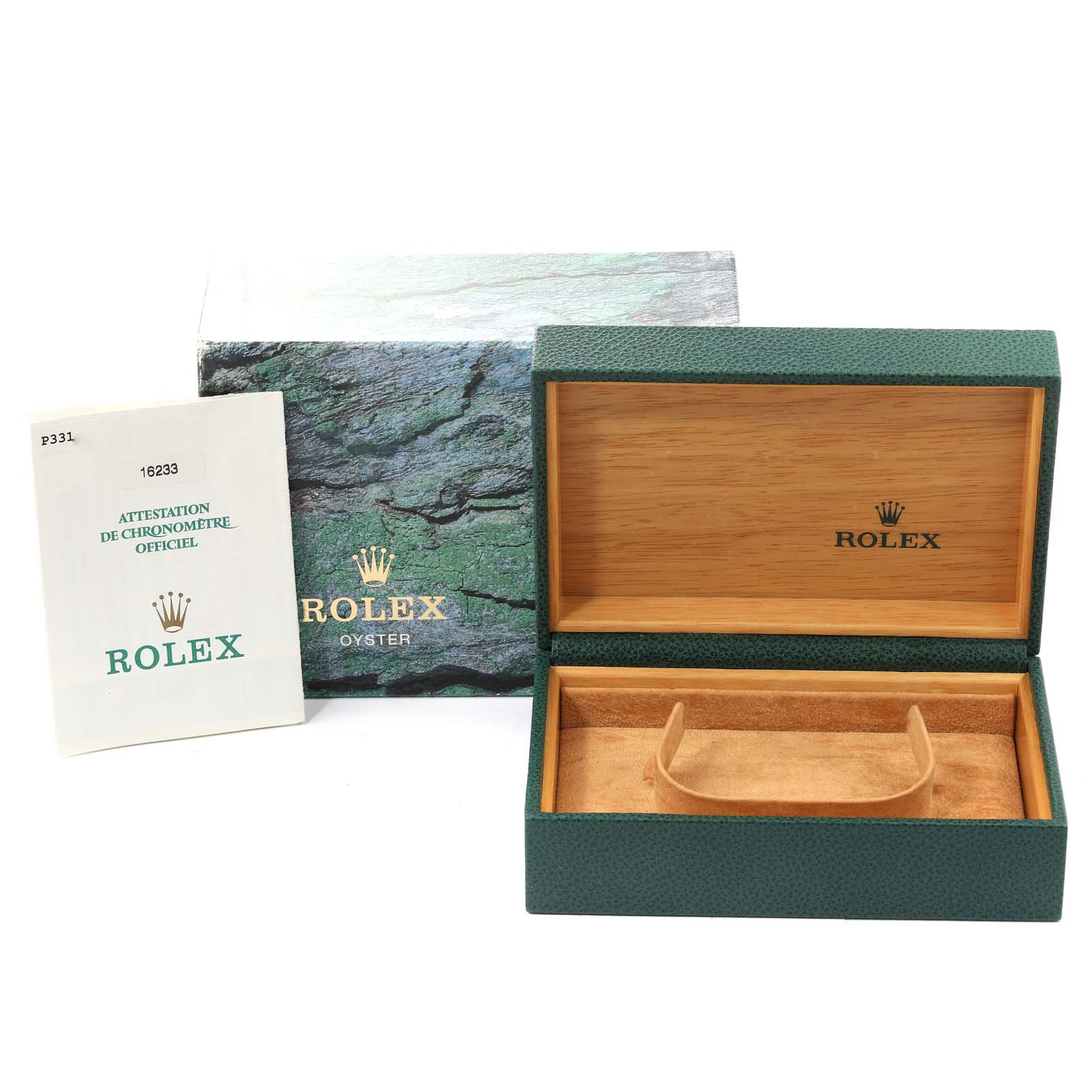 The image shows the official packaging and certificate for a Rolex Datejust 16233 Men's Steel and Gold (two tone) White Dial 16233 Men's Steel and Gold (two tone) White Dial model watch at a front angle.