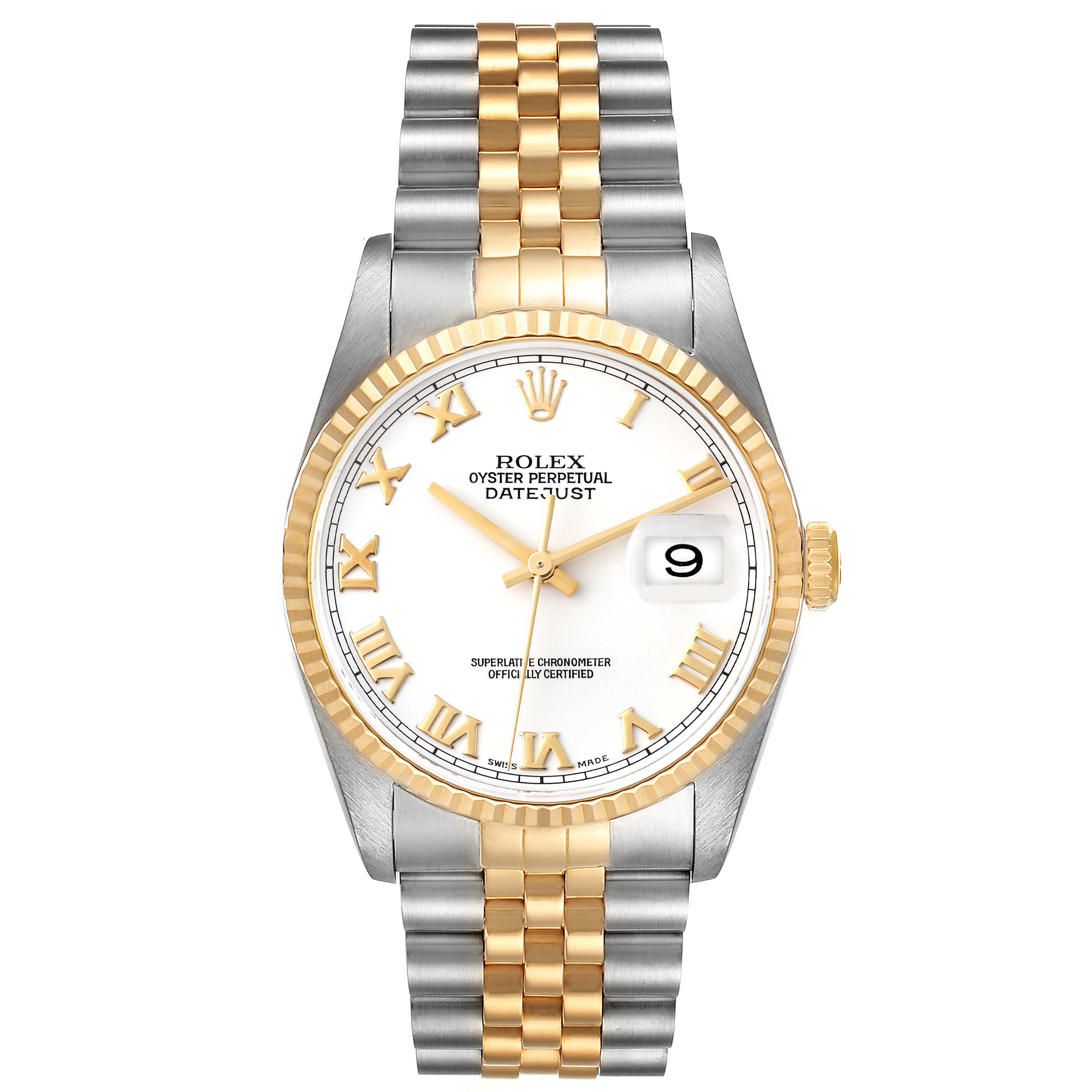 This image shows a front view of a Rolex Datejust 16233 Men's Steel and Gold (two tone) White Dial 16233 Men's Steel and Gold (two tone) White Dial watch, highlighting the face, bezel, hands, date display, and bracelet.