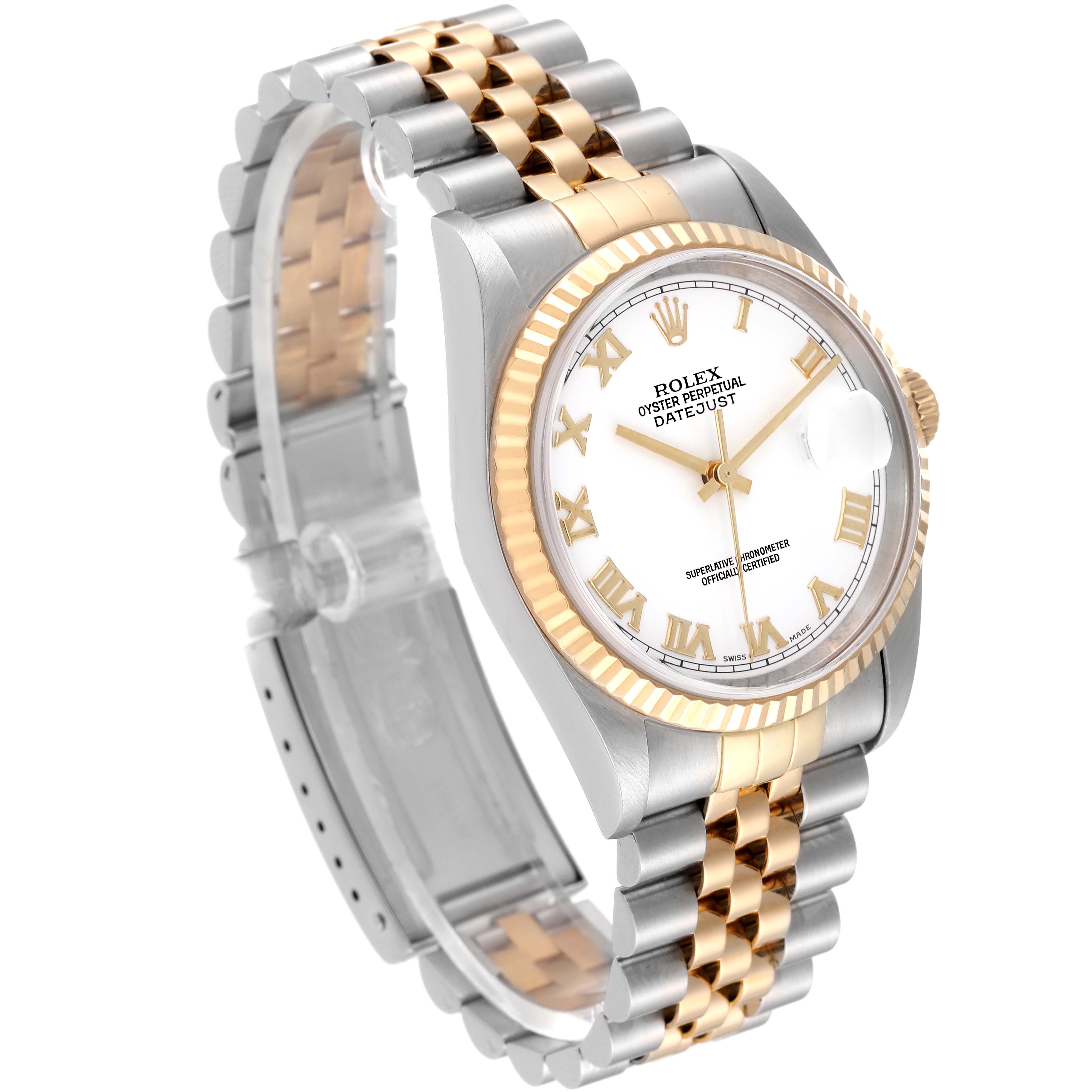 This image shows a Rolex Datejust 16233 Men's Steel and Gold (two tone) White Dial 16233 Men's Steel and Gold (two tone) White Dial watch angled to display its white dial, fluted bezel, and two-tone metal Jubilee bracelet.