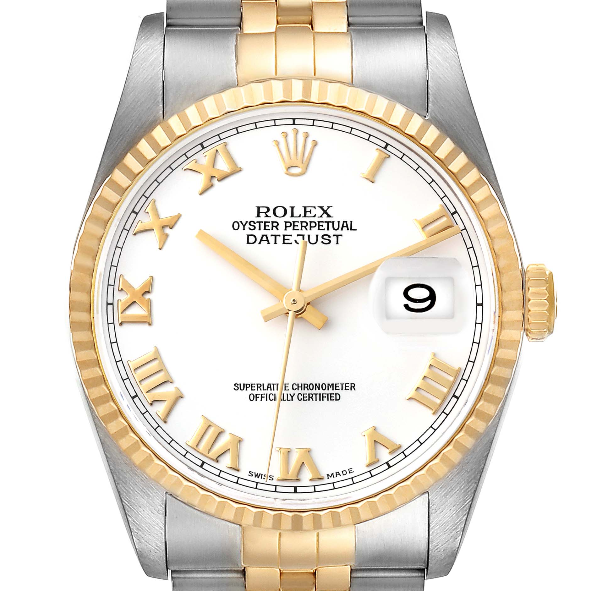 The image shows a frontal view of a Rolex Datejust 16233 Men's Steel and Gold (two tone) White Dial 16233 Men's Steel and Gold (two tone) White Dial watch, highlighting its dial, bezel, and a portion of the bracelet.