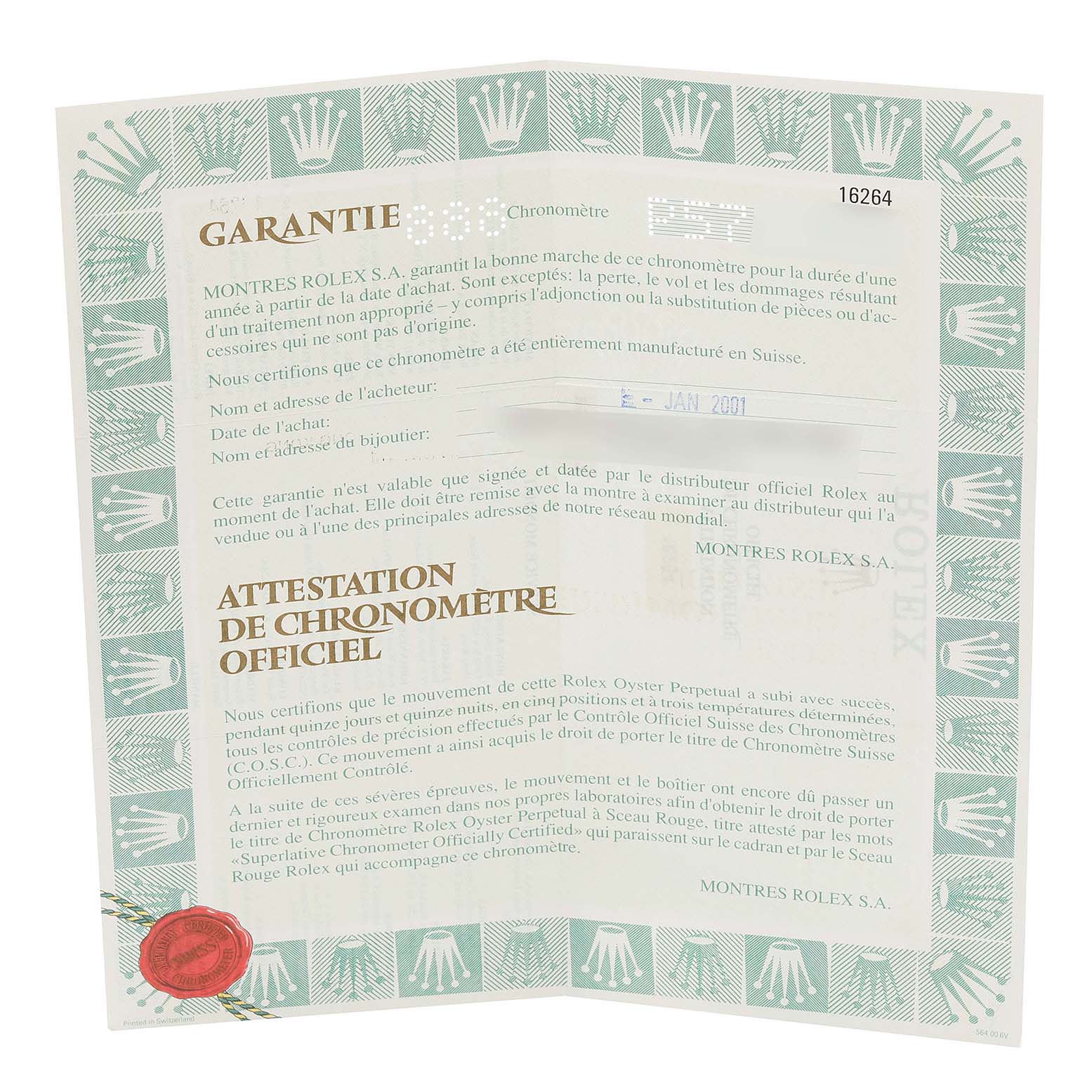 The image shows a warranty certificate for the Rolex Turn-o-Graph 16264 Men's Stainless Steel Silver Dial 16264 Men's Stainless Steel Silver Dial model.