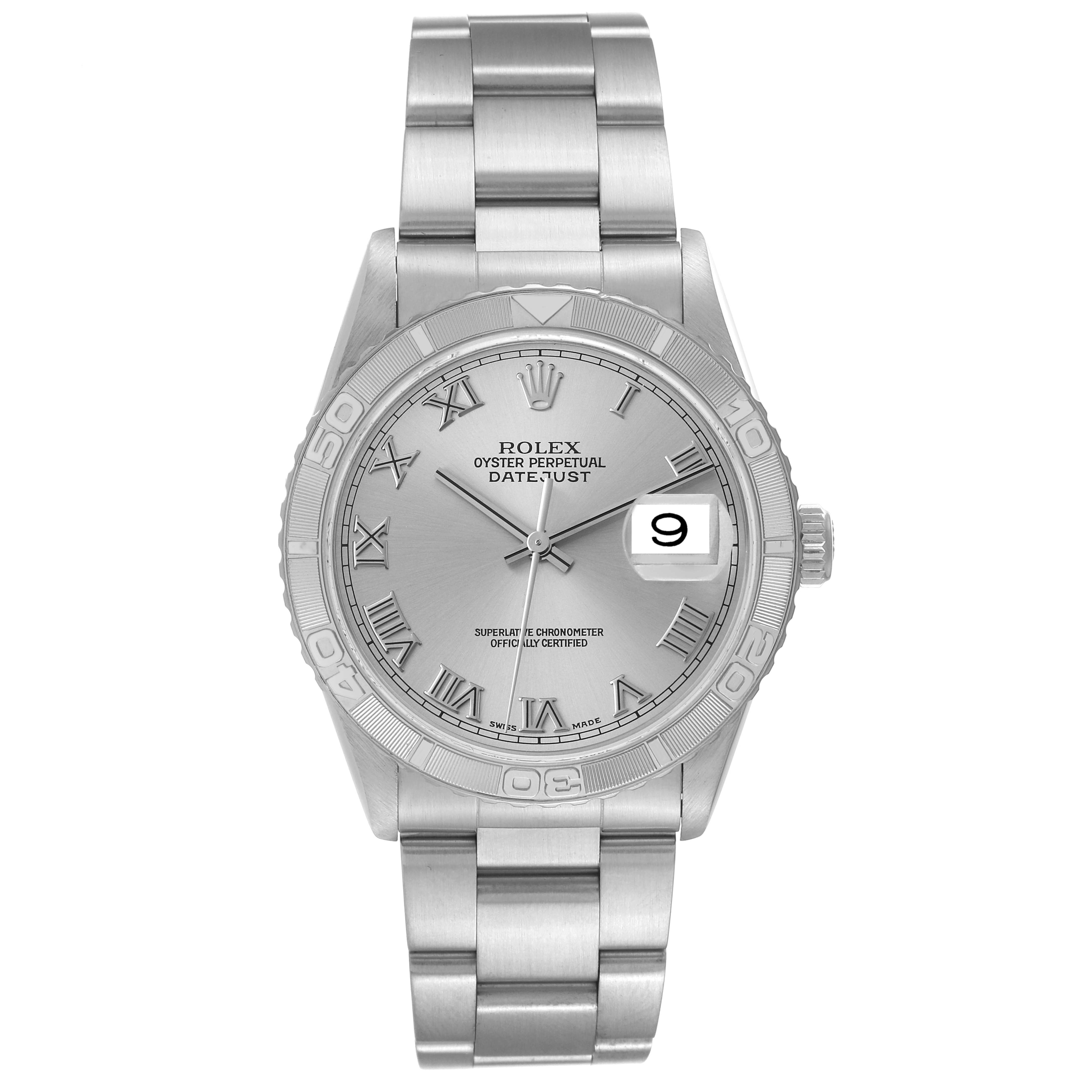 The image shows a front view of a Rolex Oyster Perpetual Datejust Turn-o-Graph watch, displaying its face, bezel, and bracelet.