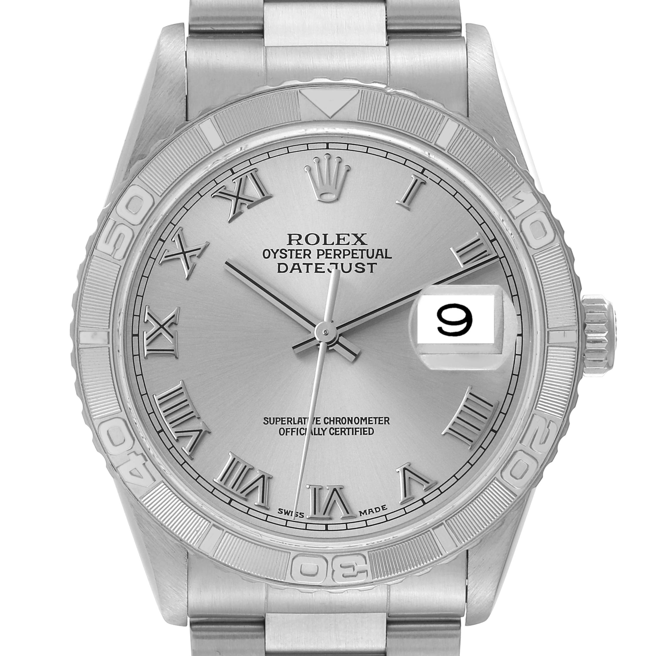 This image shows a front view of a Rolex Turn-o-Graph 16264 Men's Stainless Steel Silver Dial 16264 Men's Stainless Steel Silver Dial watch, highlighting its bezel, dial, and bracelet.