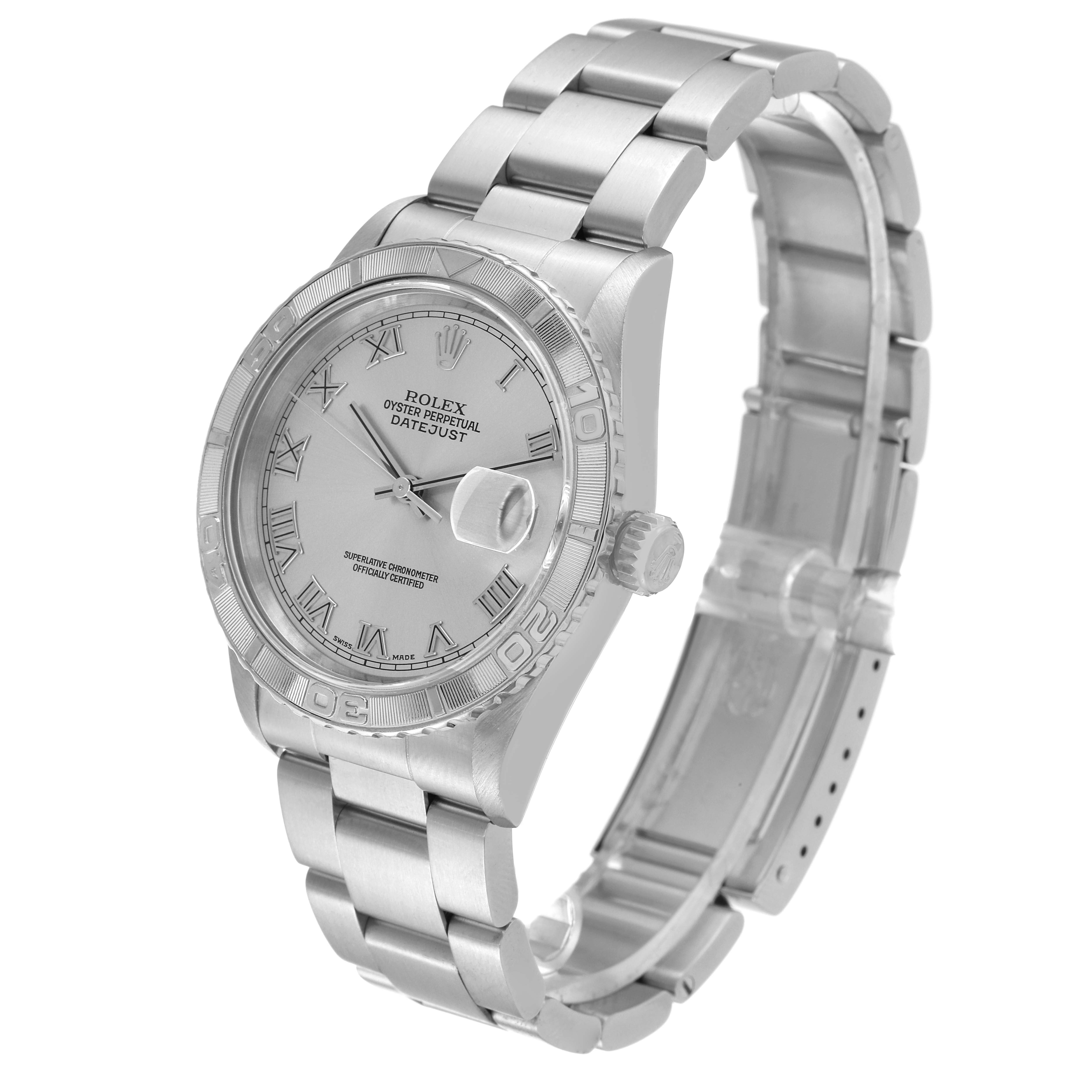 The Rolex Turn-o-Graph 16264 Men's Stainless Steel Silver Dial 16264 Men's Stainless Steel Silver Dial watch is shown from an angled perspective, displaying the dial, bezel, crown, and metal bracelet.