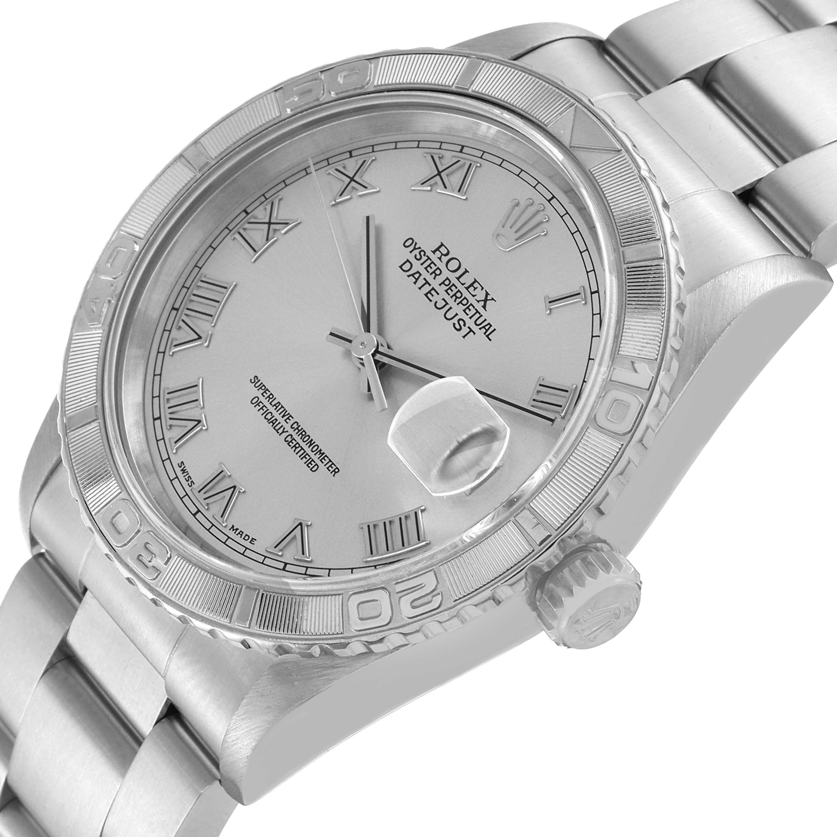 The image shows a Turn-o-Graph Rolex watch from a three-quarter top-down angle, highlighting its face, bezel, and bracelet.