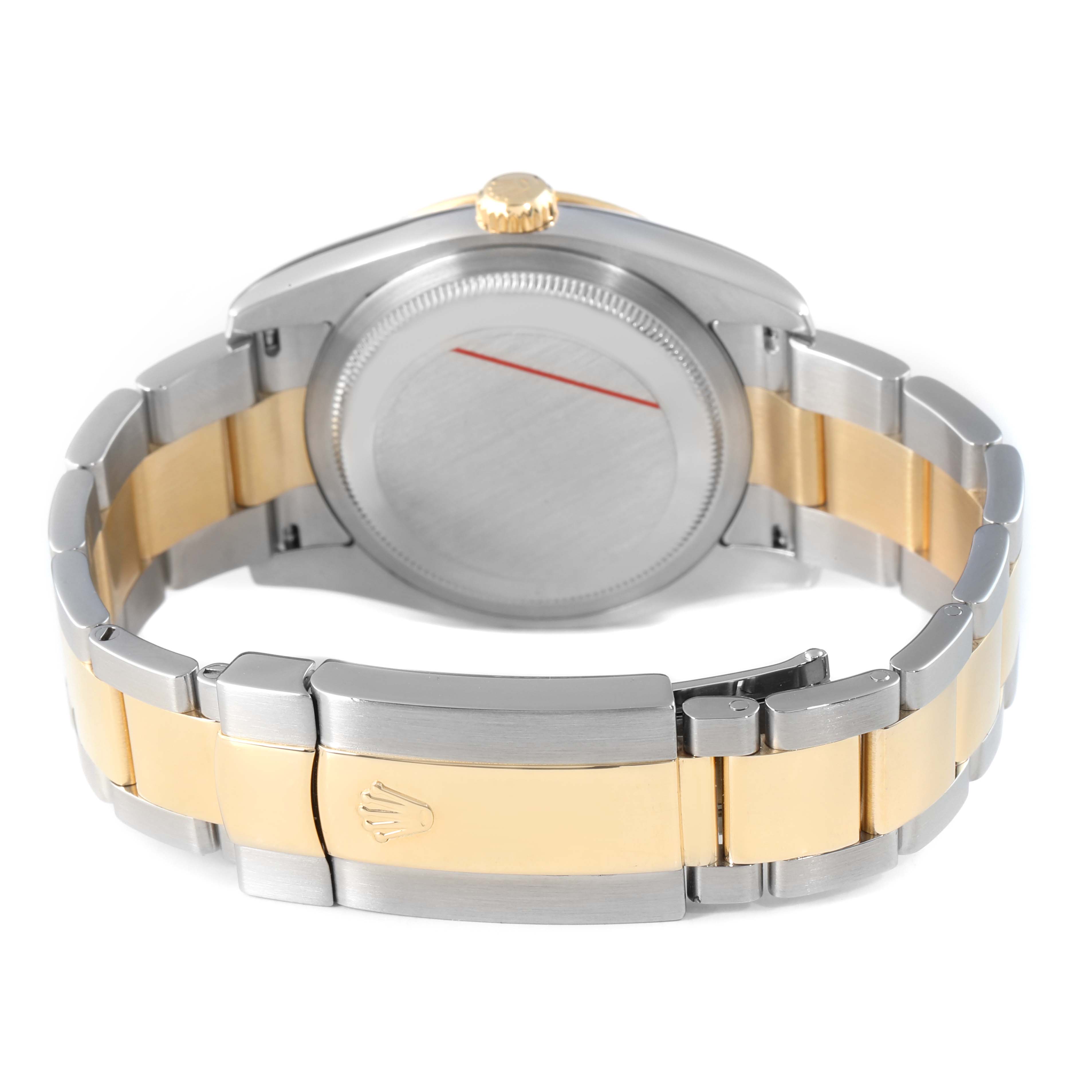 The image shows the back view of a Rolex Turn-o-Graph 116263 Men's Steel and Gold (two tone) Champagne Dial watch, highlighting its two-tone bracelet and clasp.