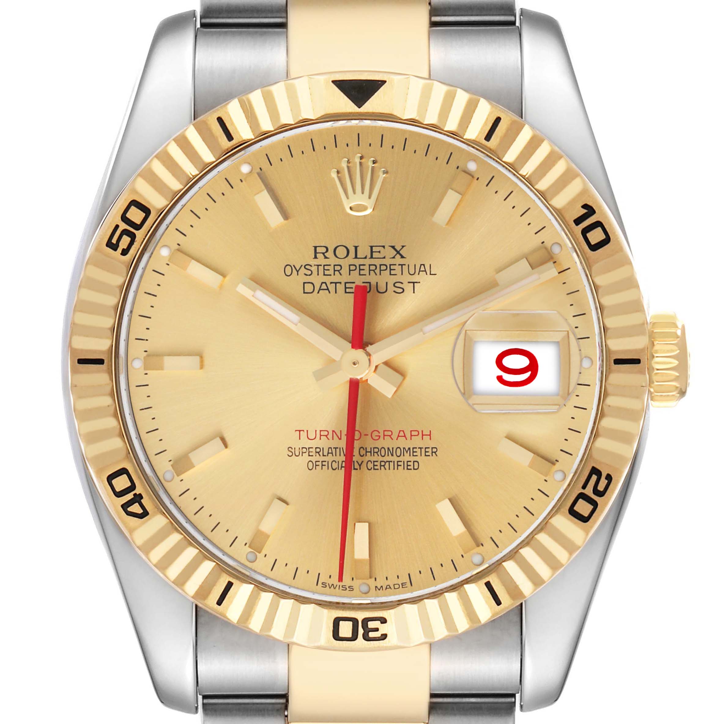 The image shows a frontal view of the Rolex Turn-o-Graph 116263 Men's Steel and Gold (two tone) Champagne Dial watch, featuring the dial, bezel, and date window.