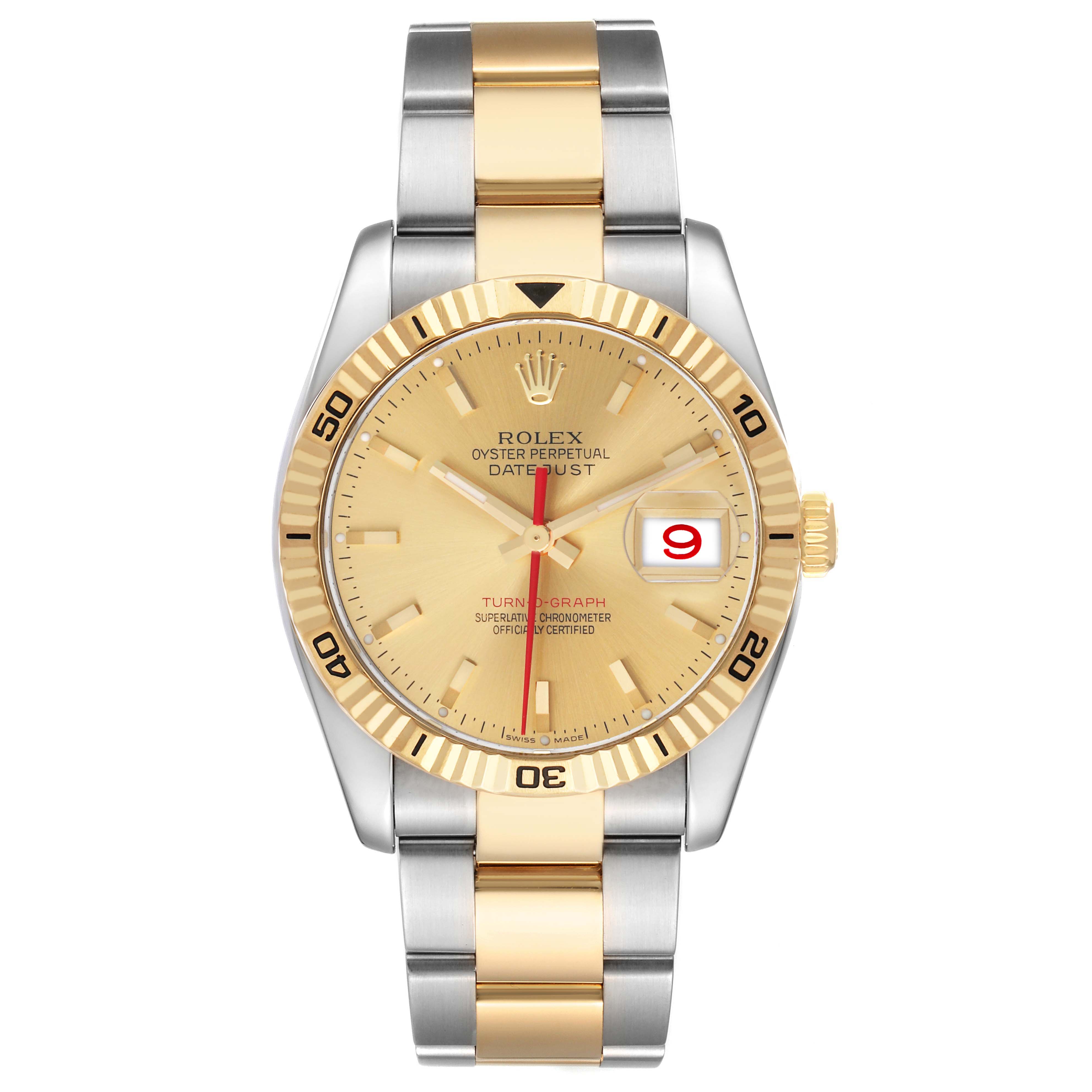 The Rolex Turn-o-Graph 116263 Men's Steel and Gold (two tone) Champagne Dial watch is shown from a front angle, highlighting the dial, bezel, and bracelet.