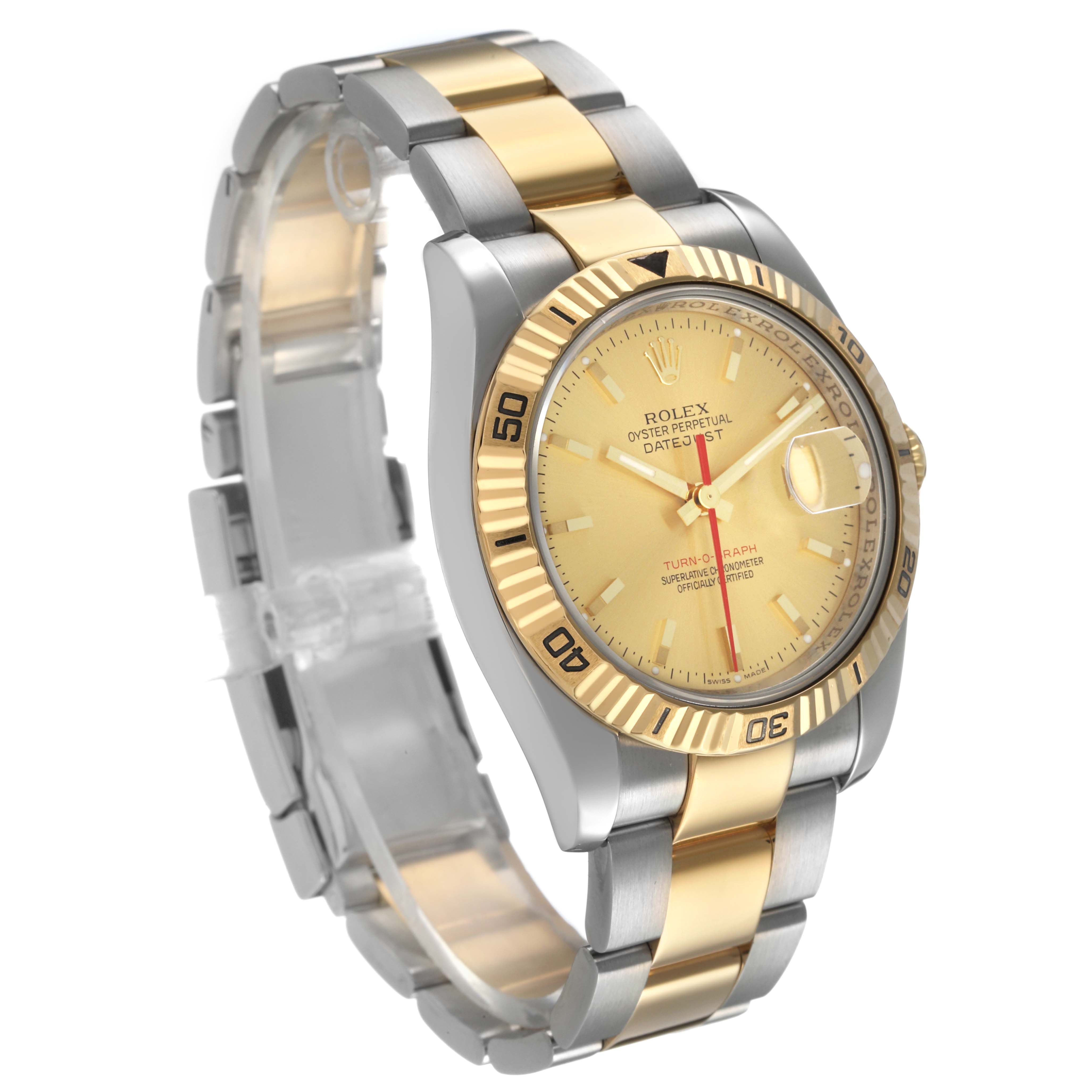 The Rolex Turn-o-Graph 116263 Men's Steel and Gold (two tone) Champagne Dial watch is shown at a three-quarter angle, highlighting its gold bezel, dial, and two-tone bracelet.