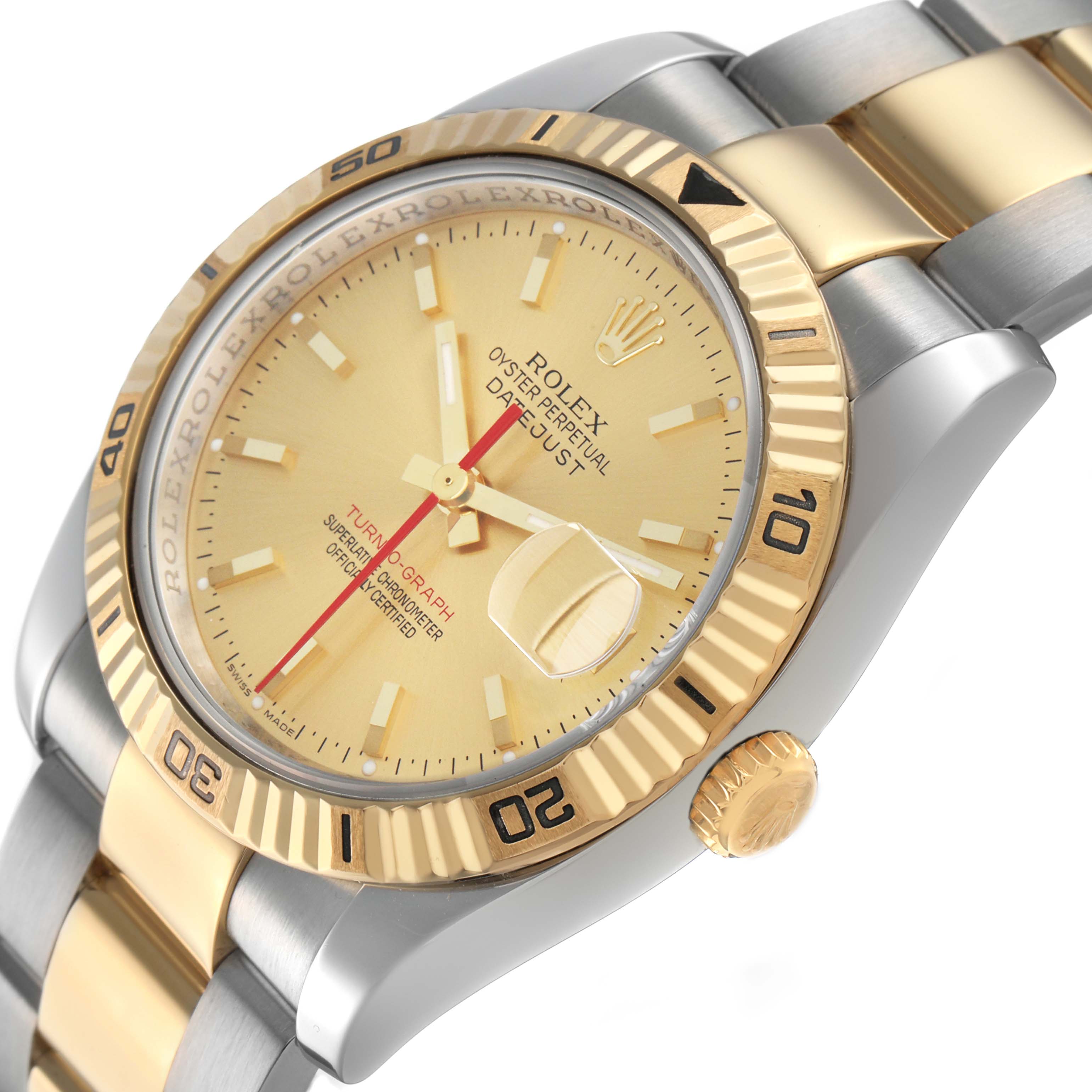 The Rolex Turn-o-Graph 116263 Men's Steel and Gold (two tone) Champagne Dial watch is shown from a tilted side angle, highlighting the bezel, dial, and part of the bracelet.