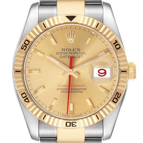 The Rolex Turn-o-Graph 116263 Men's Steel and Gold (two tone) Champagne Dial watch is shown from a front angle, highlighting its bezel, dial, and date window.