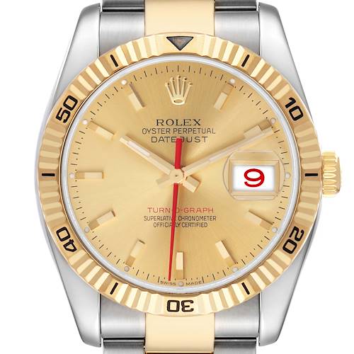 The Rolex Turn-o-Graph 116263 Men's Steel and Gold (two tone) Champagne Dial watch is shown from a front view, highlighting the dial, bezel, and crown.