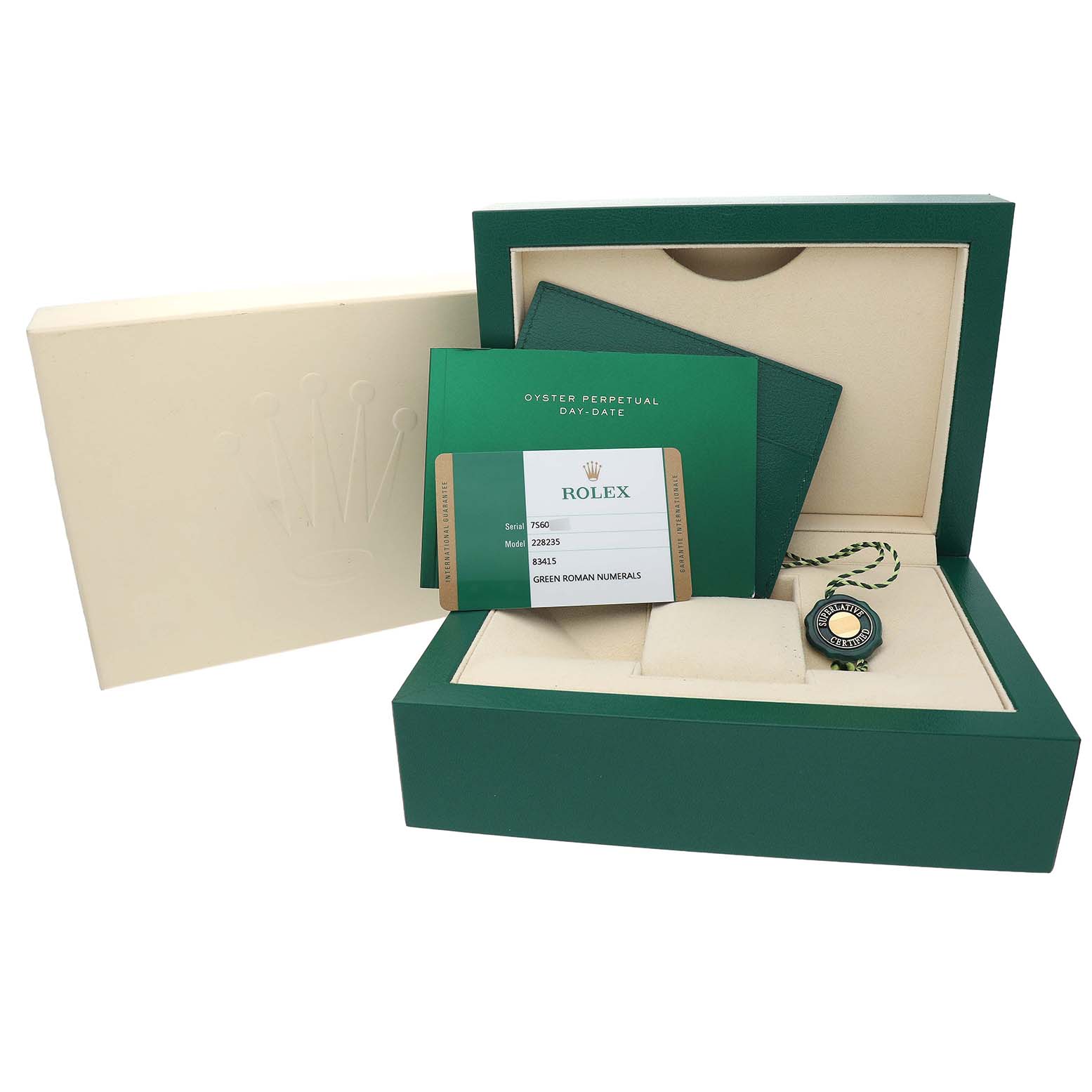 The image shows the Rolex President 228235 Men's Rose Gold Green Dial model watch box with a warranty card, booklet, and tag, viewed from the front.