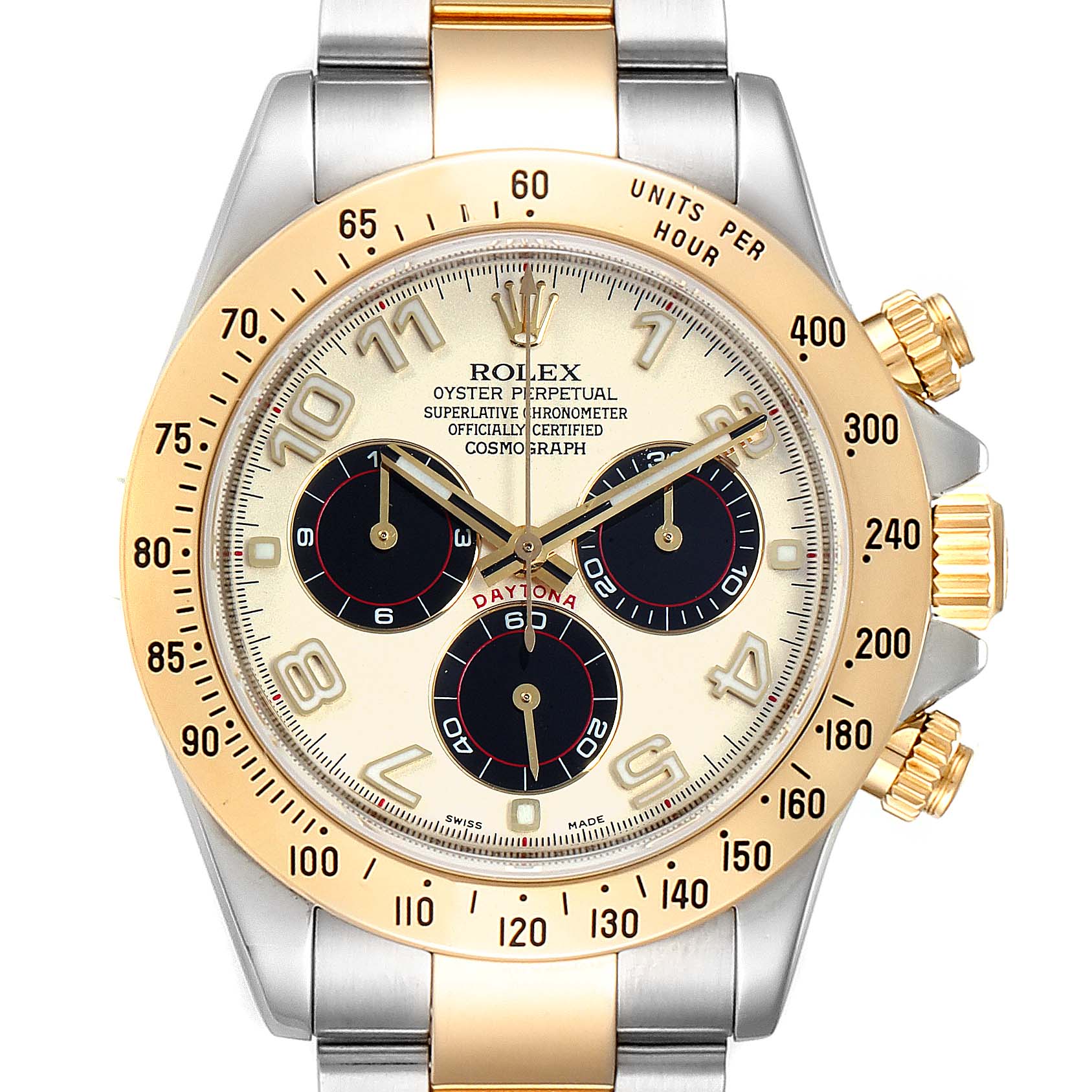 The image shows a front view of a Rolex Daytona 116523 Men's Steel and Gold (two tone) Silver Dial 116523 Men's Steel and Gold (two tone) Silver Dial watch, highlighting its dial, bezel, and part of the metal bracelet.
