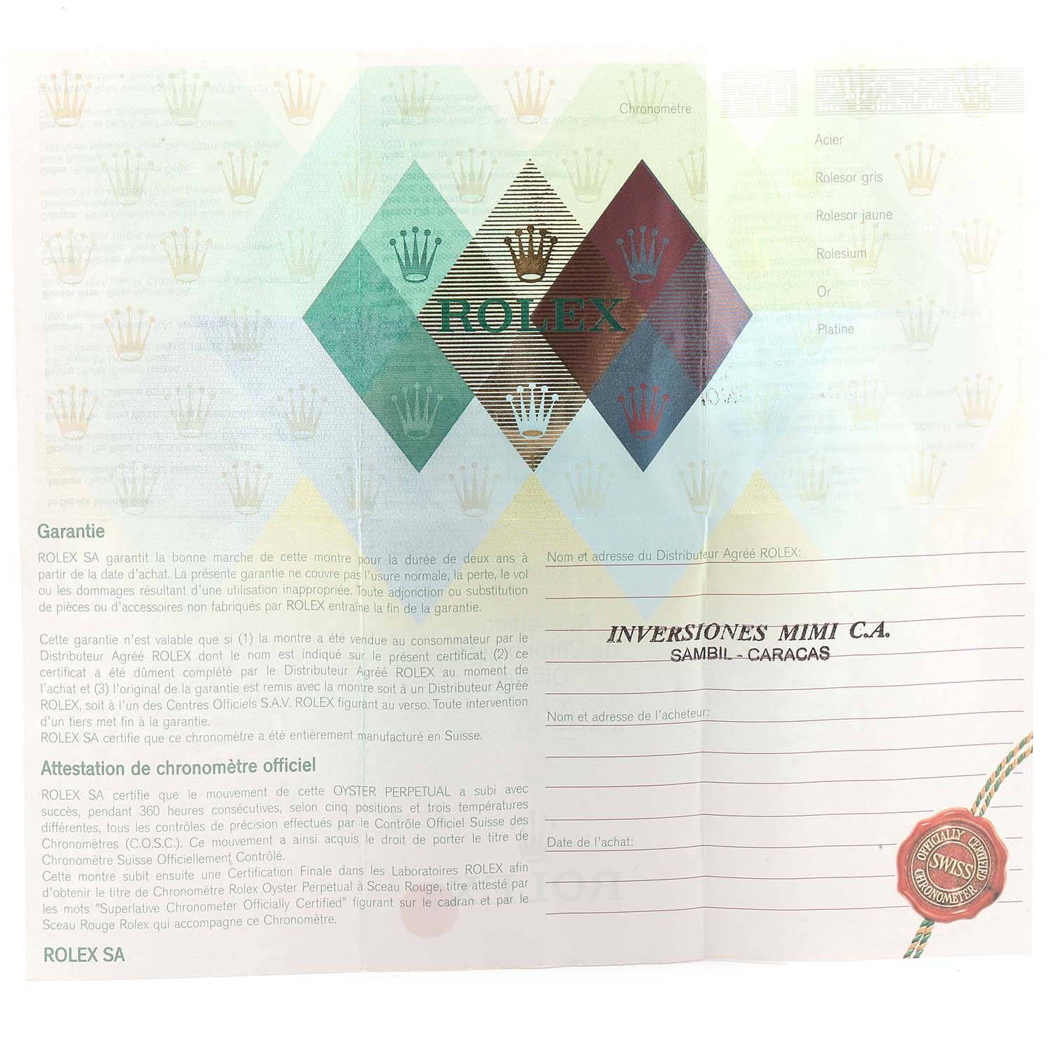 This image shows the official warranty and certification document for a Rolex Daytona 116523 Men's Steel and Gold (two tone) Silver Dial 116523 Men's Steel and Gold (two tone) Silver Dial watch.