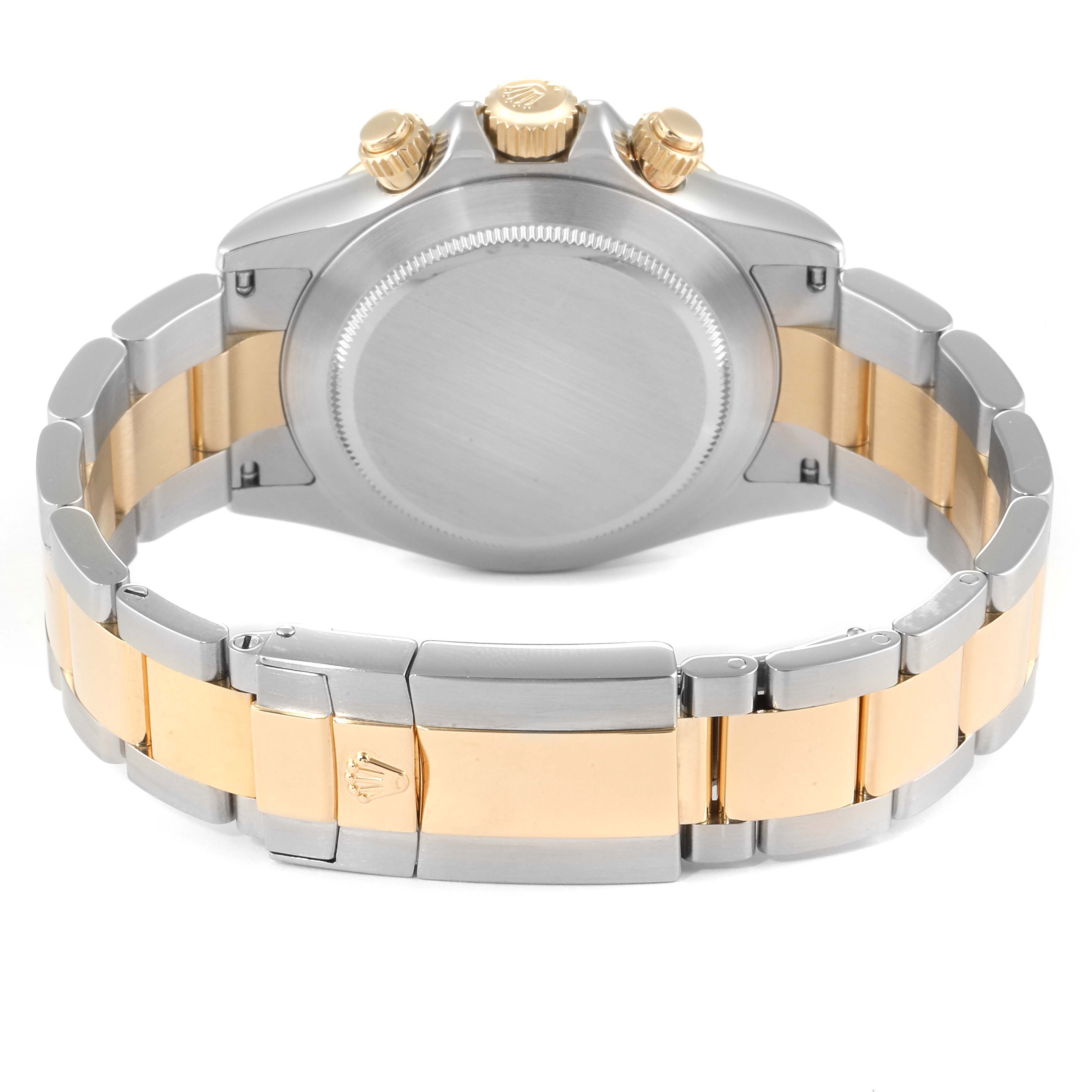 The image shows the back of a Rolex Daytona 116523 Men's Steel and Gold (two tone) Silver Dial 116523 Men's Steel and Gold (two tone) Silver Dial watch, highlighting the case and the two-tone bracelet with gold accents.