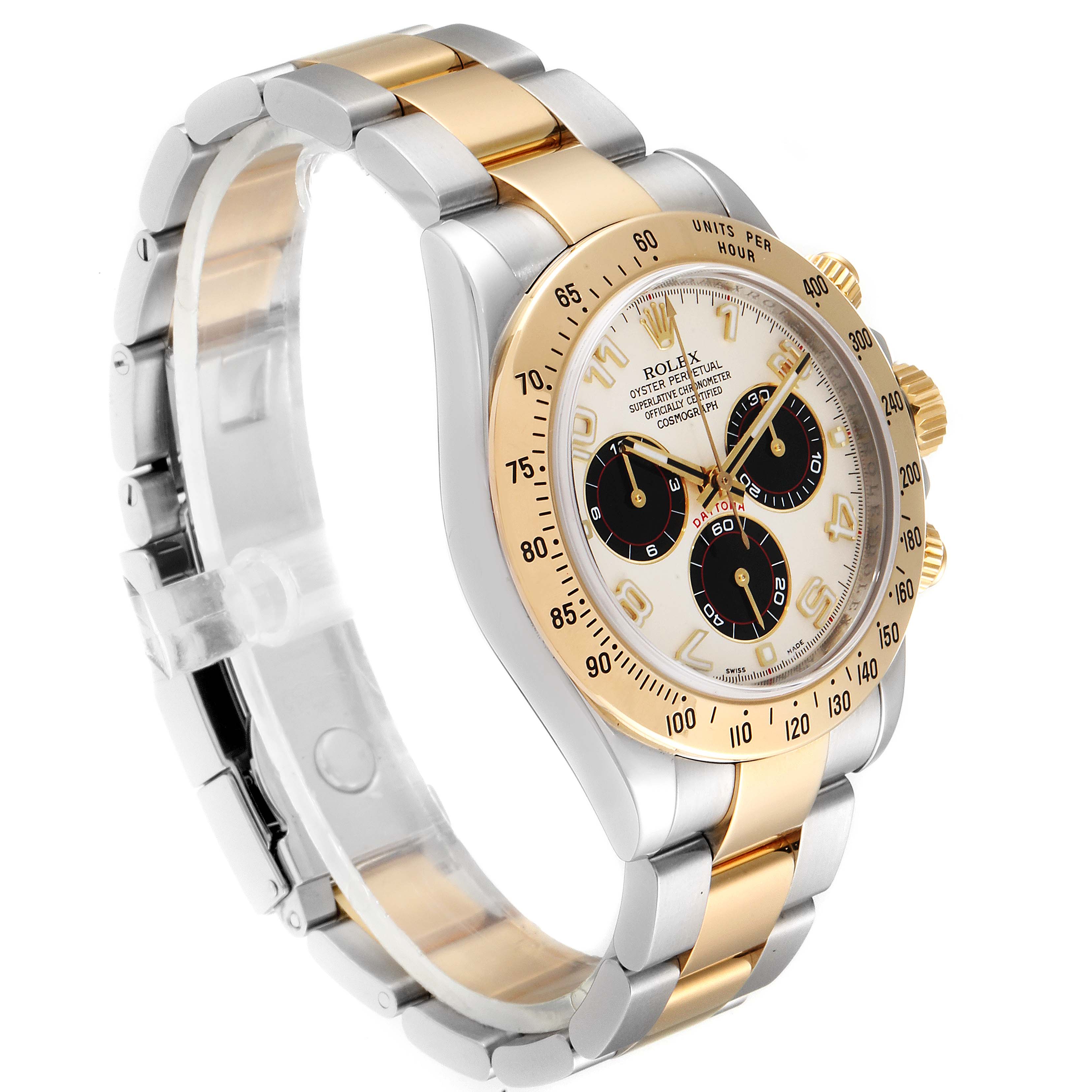 The image shows an angled view of a Rolex Daytona 116523 Men's Steel and Gold (two tone) Silver Dial 116523 Men's Steel and Gold (two tone) Silver Dial watch, highlighting its two-tone bracelet, gold bezel, and chronograph dials.