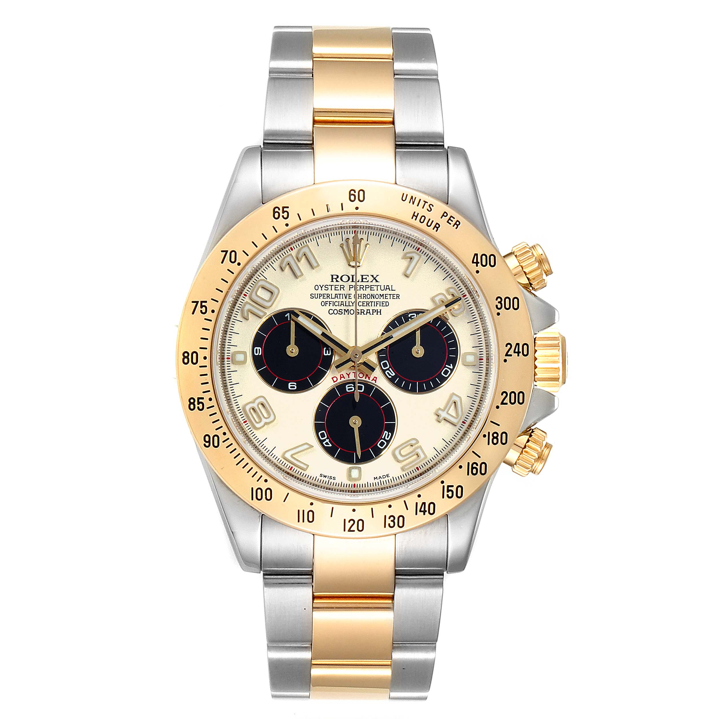 The image shows a front view of the Rolex Daytona 116523 Men's Steel and Gold (two tone) Silver Dial 116523 Men's Steel and Gold (two tone) Silver Dial watch, highlighting the dial, bezel, and bracelet.