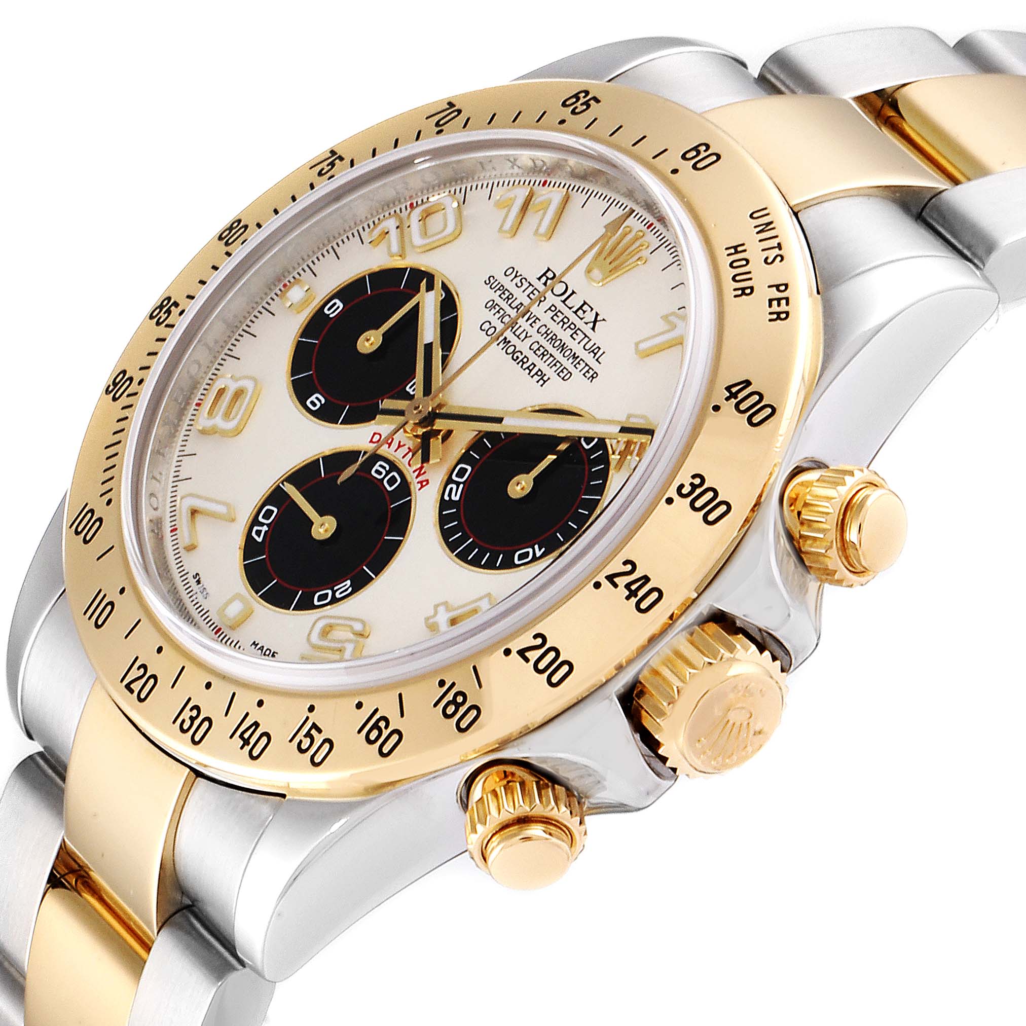 The Rolex Daytona 116523 Men's Steel and Gold (two tone) Silver Dial 116523 Men's Steel and Gold (two tone) Silver Dial watch is shown at an angle, highlighting the bezel, crown, chronograph sub-dials, and part of the bracelet.