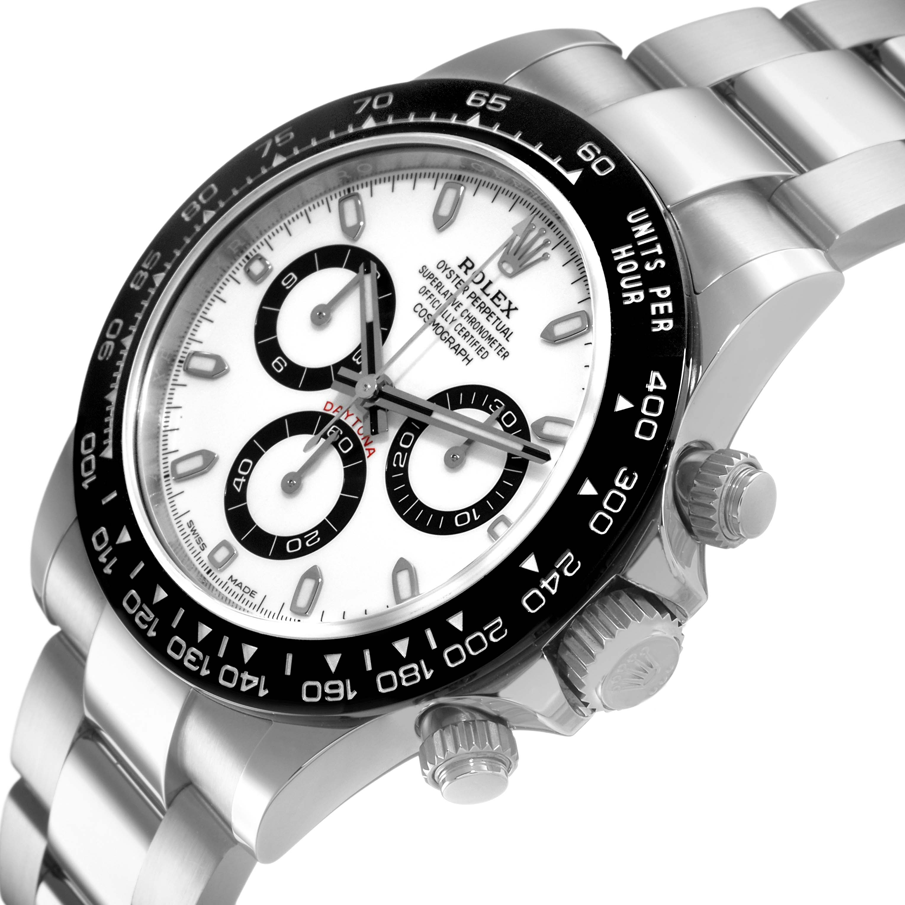 The image shows a side-angle view of a Rolex Daytona 116500LN Men's Stainless Steel White Dial watch, highlighting the face, bezel, crown, and part of the bracelet.