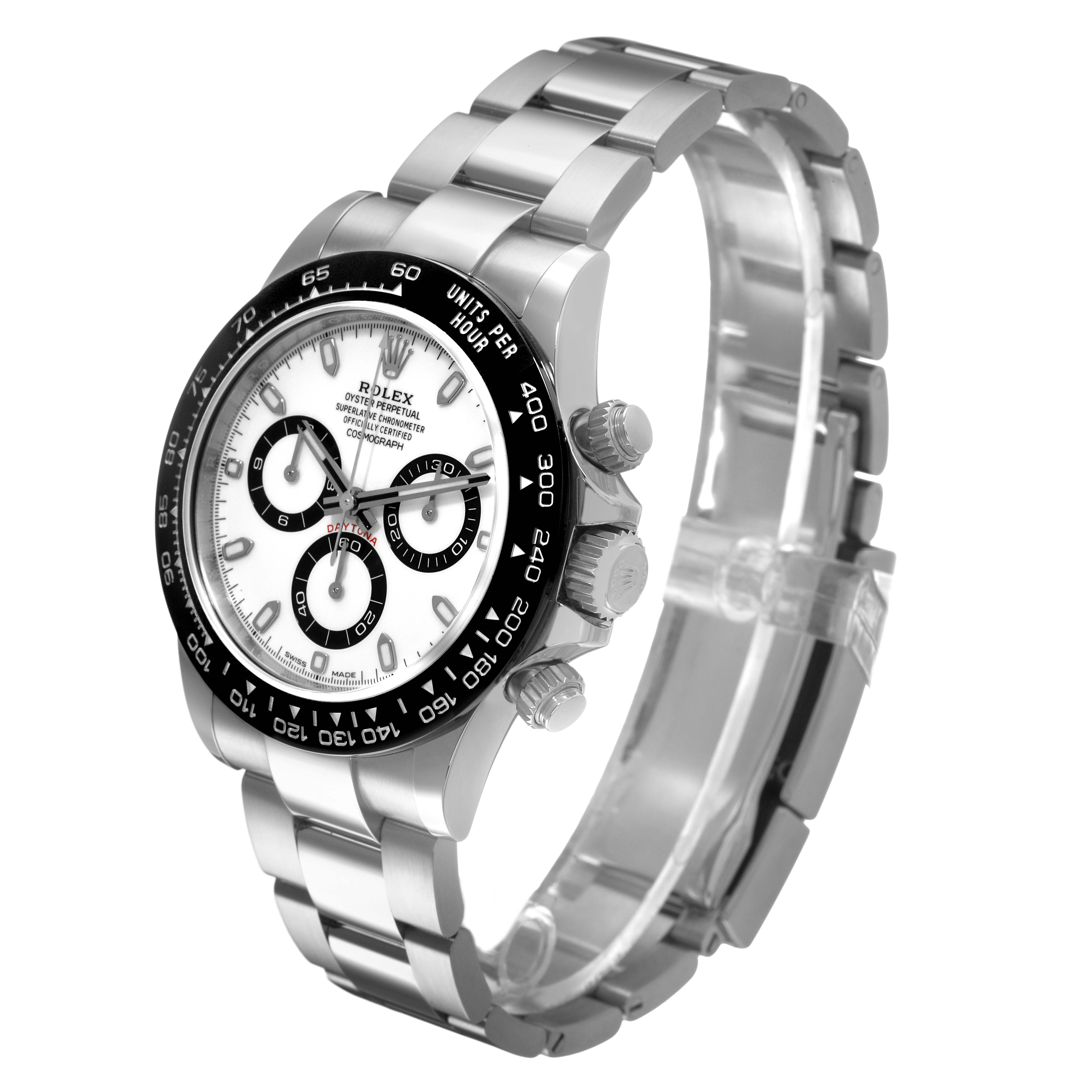 The Rolex Daytona 116500LN Men's Stainless Steel White Dial watch is shown at a slight side angle, highlighting the face, bezel, pushers, and bracelet.