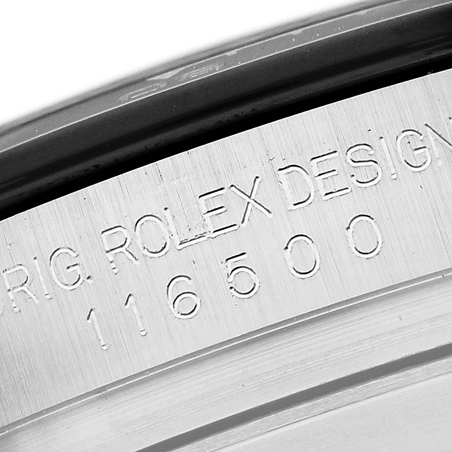 The image shows a close-up of the reference number and engraving on the side of a Rolex Daytona 116500LN Men's Stainless Steel White Dial watch case.