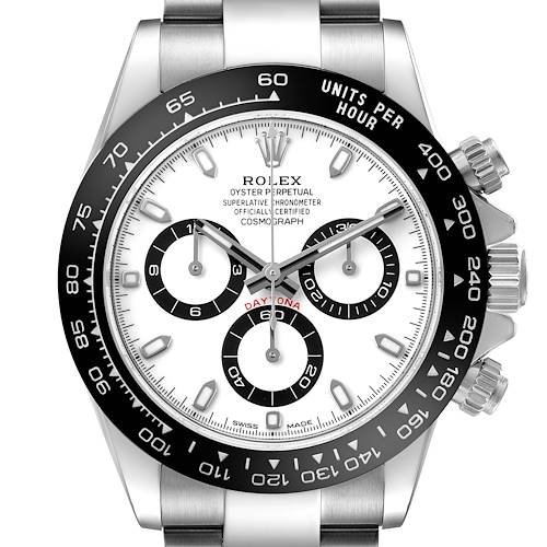 This Rolex Daytona 116500LN Men's Stainless Steel White Dial model watch is shown from a front angle, highlighting its bezel, dial, hands, and sub-dials.