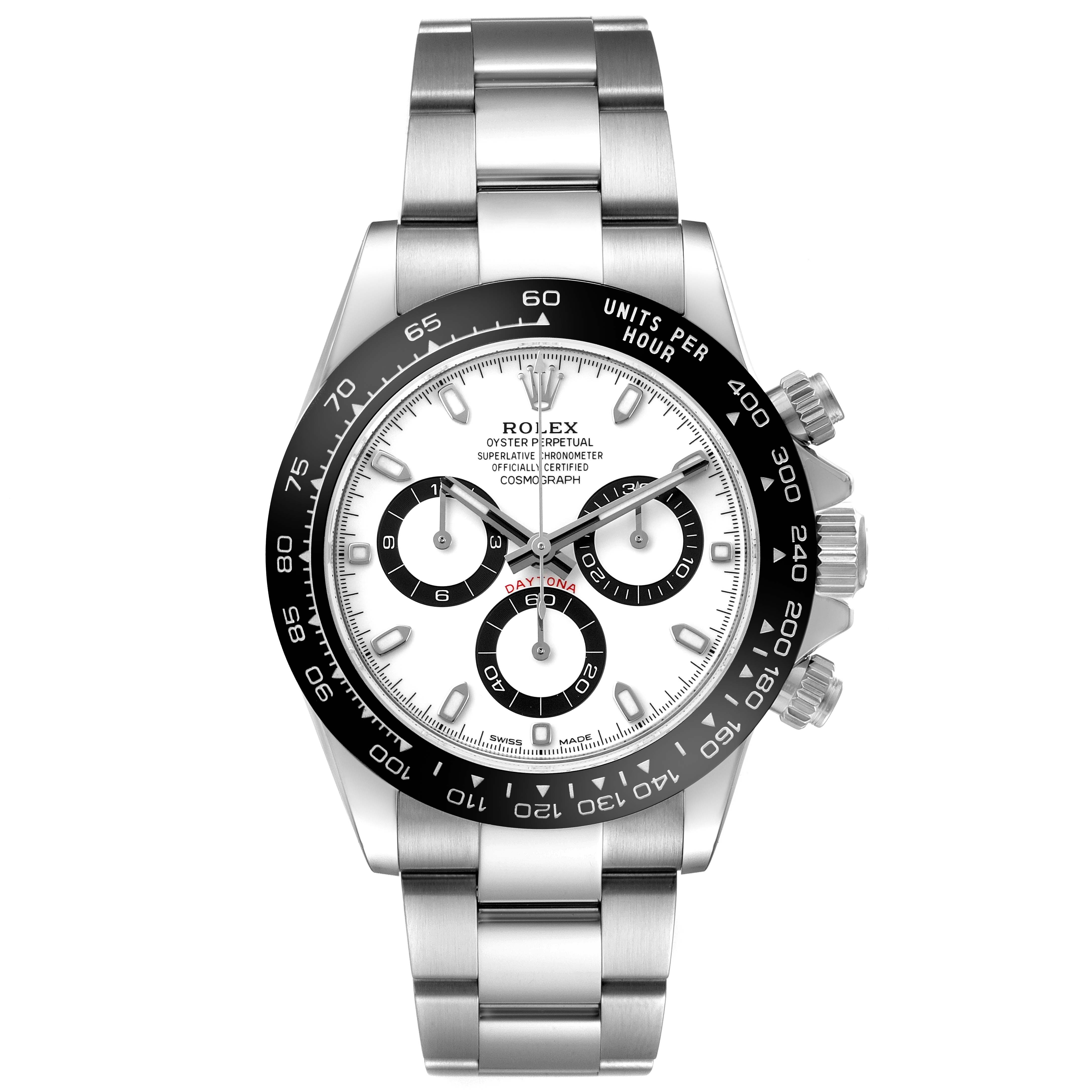 The Rolex Daytona 116500LN Men's Stainless Steel White Dial watch is shown from a front angle, displaying the dial, bezel, and bracelet prominently.