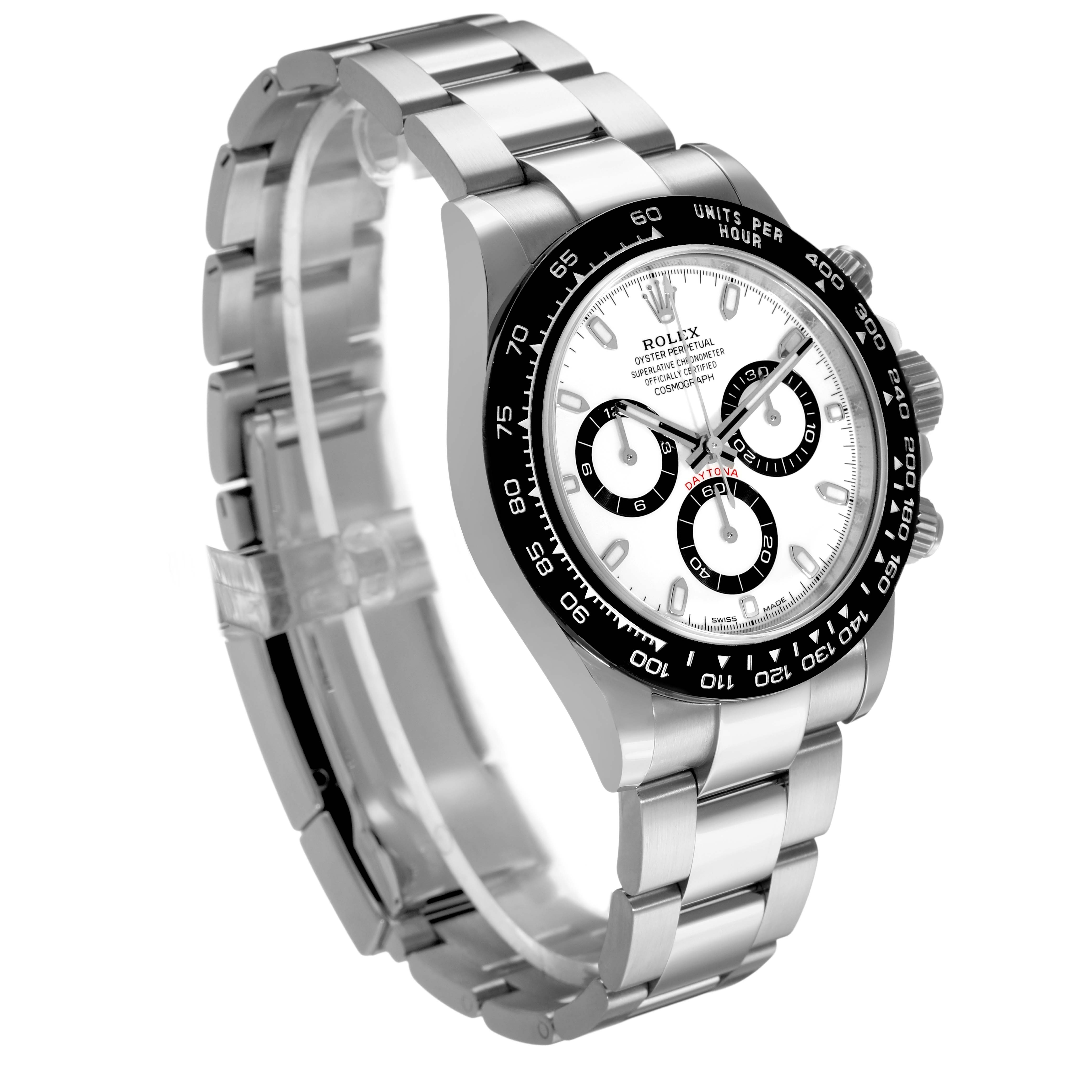 The Rolex Daytona 116500LN Men's Stainless Steel White Dial watch is shown at a three-quarter angle, highlighting the bezel, dial, subdials, and bracelet.