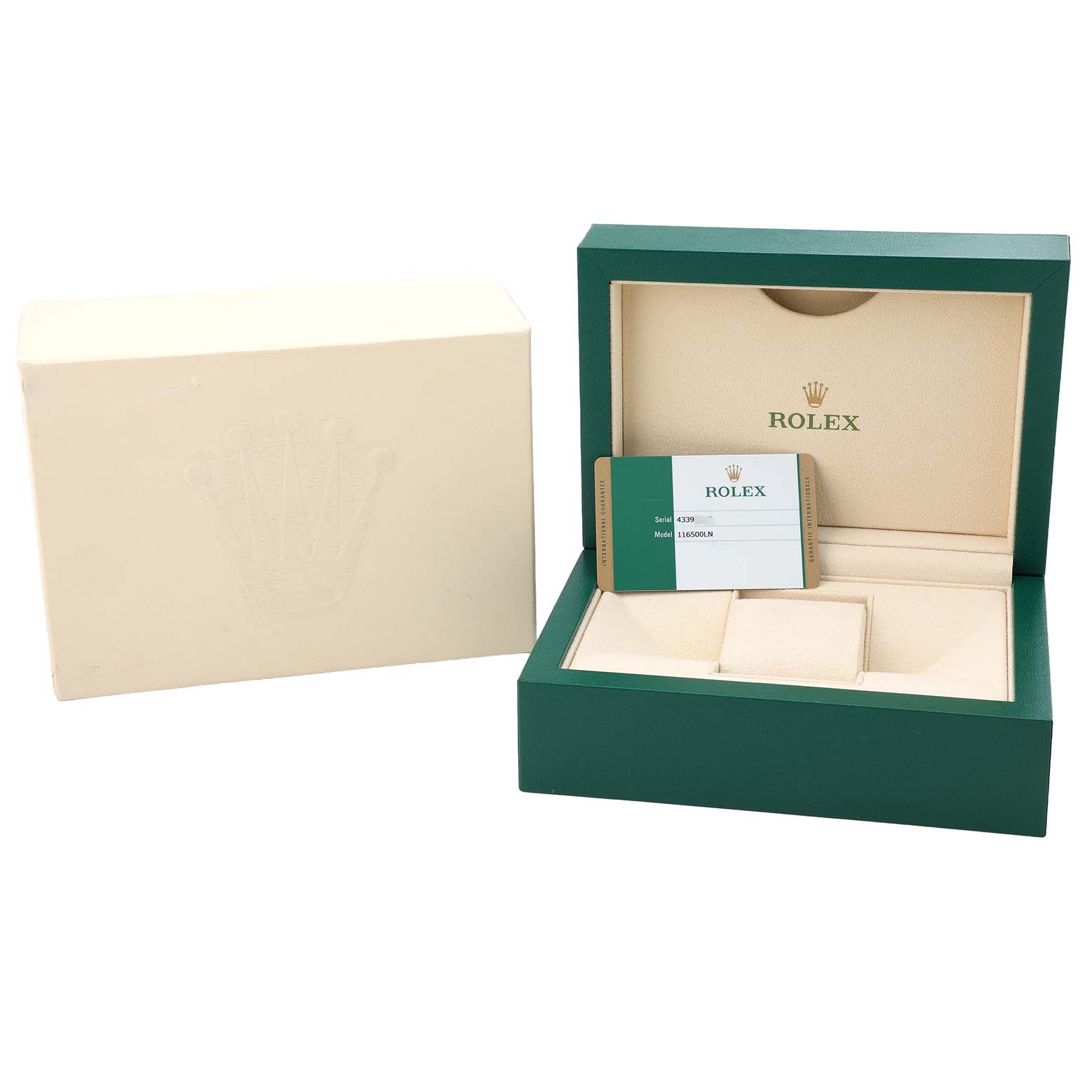 The image shows the Rolex Daytona 116500LN Men's Stainless Steel White Dial watch box and warranty card, viewed from the front.
