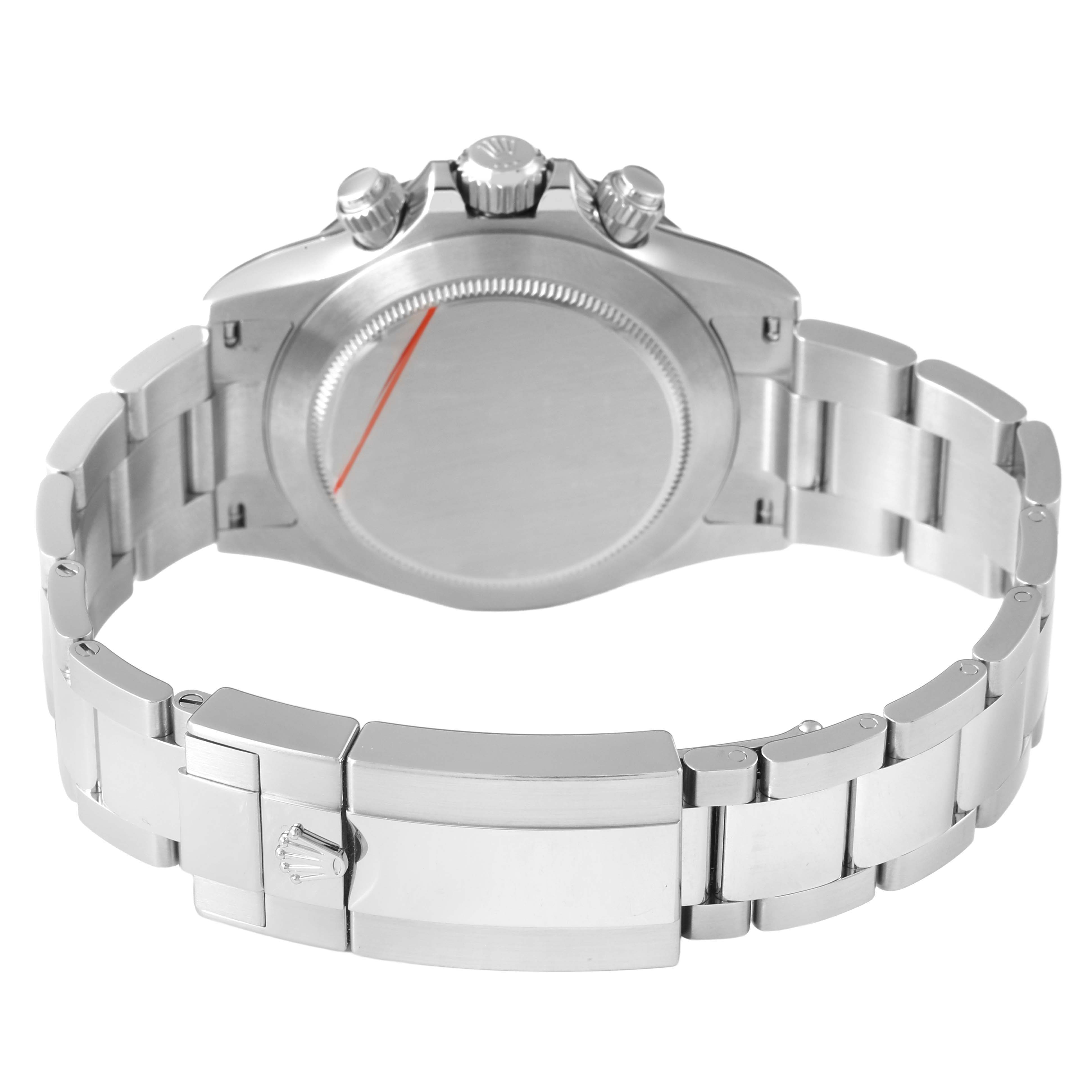 The image shows the back view of a Rolex Daytona 116500LN Men's Stainless Steel White Dial watch, highlighting the case back, bracelet, and clasp.