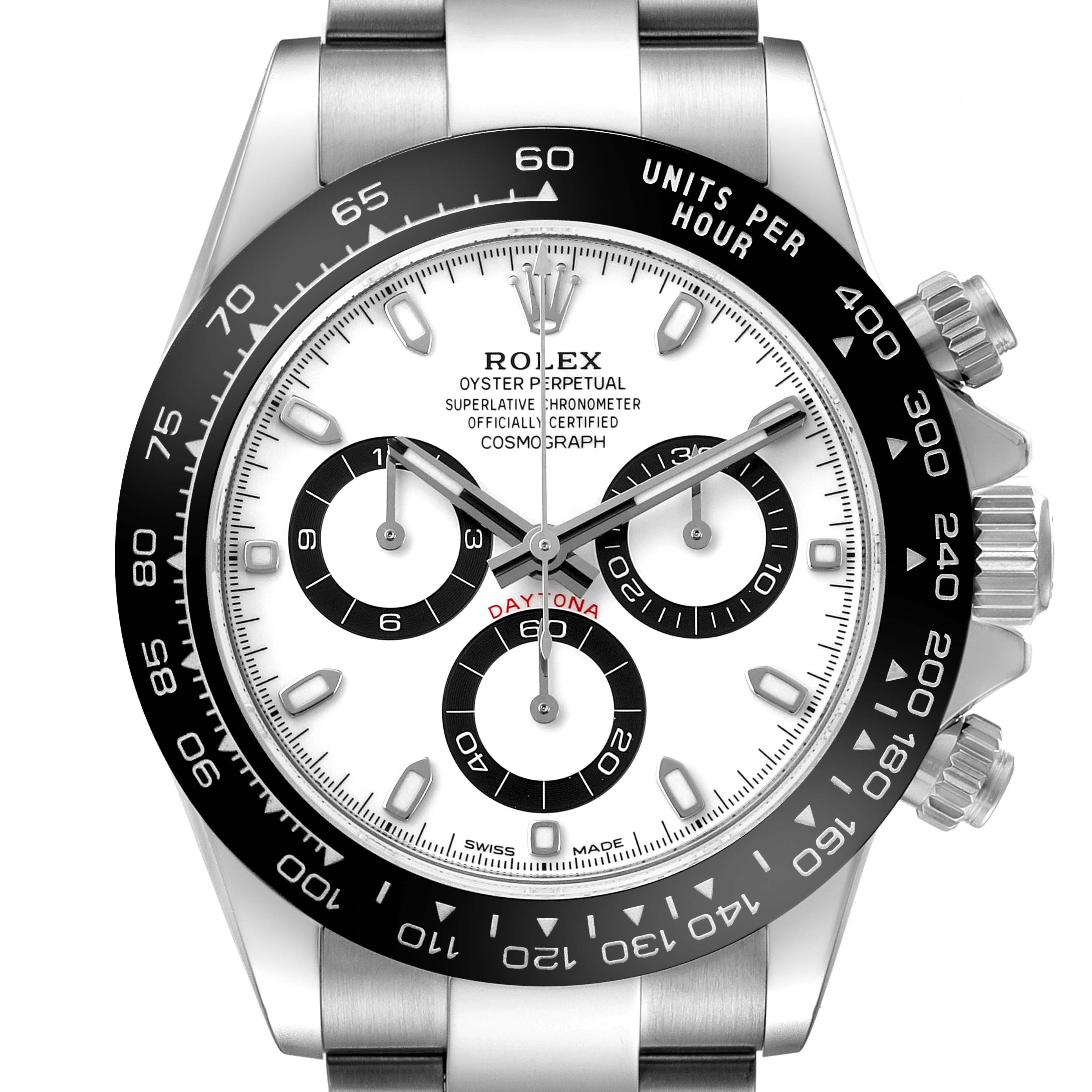The image shows a front view of the Rolex Daytona 116500LN Men's Stainless Steel White Dial watch, highlighting the dial, bezel, and pushers.