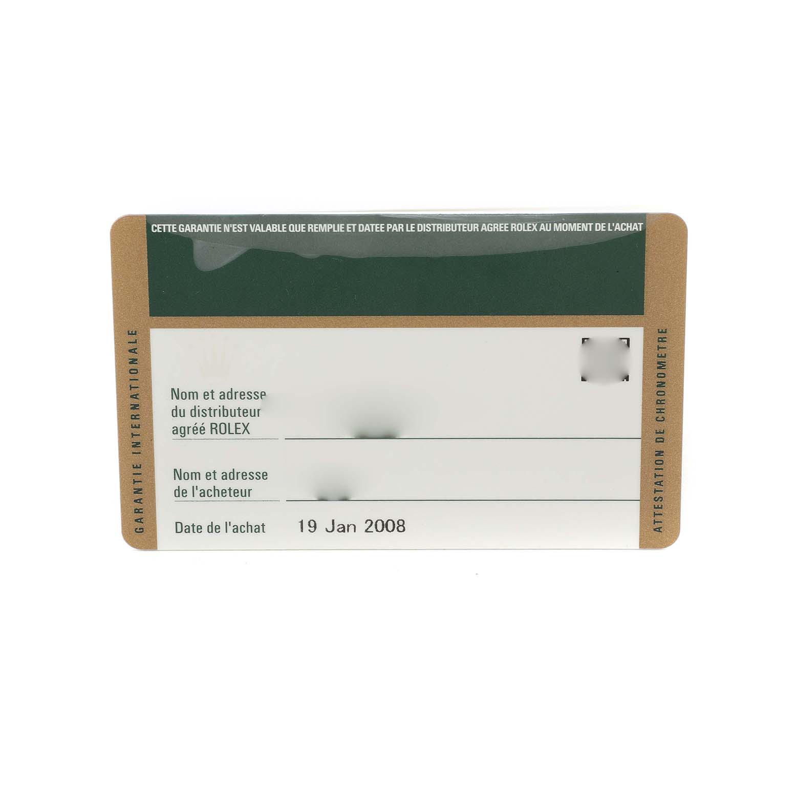 The image shows a warranty card for the Rolex Daytona 116523 Men's Steel and Gold (two tone) Black Dial model, viewed from the front.