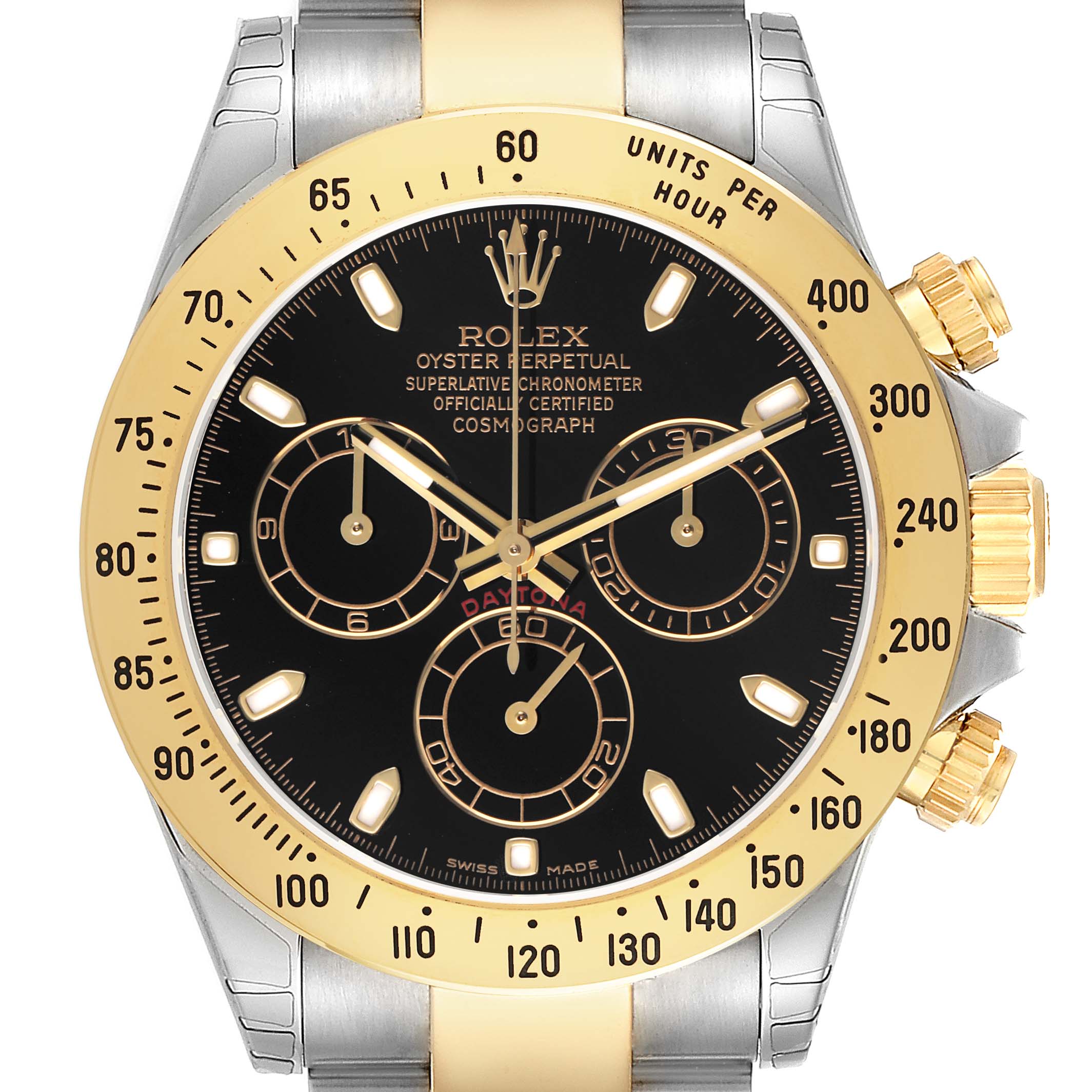 The Rolex Daytona 116523 Men's Steel and Gold (two tone) Black Dial watch is shown from the front, highlighting its bezel, dial, and chronograph subdials.