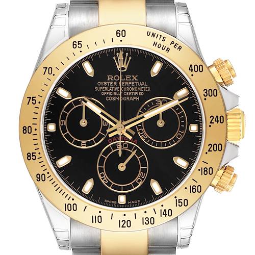 The Rolex Daytona 116523 Men's Steel and Gold (two tone) Black Dial watch is shown from the front, highlighting its bezel, subdials, and crown.