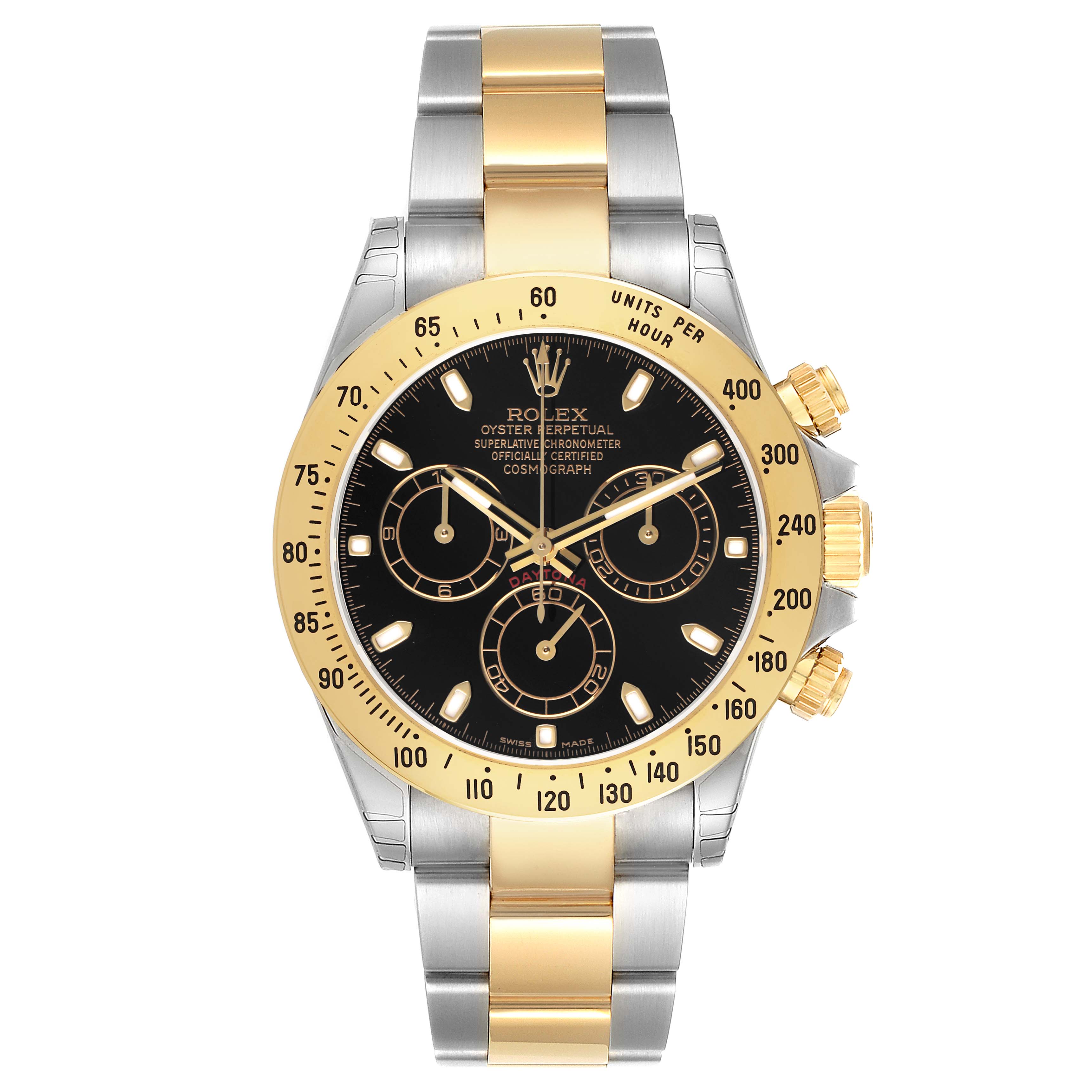 The Rolex Daytona 116523 Men's Steel and Gold (two tone) Black Dial is shown from a top view, highlighting the bezel, dial, and two-tone bracelet.