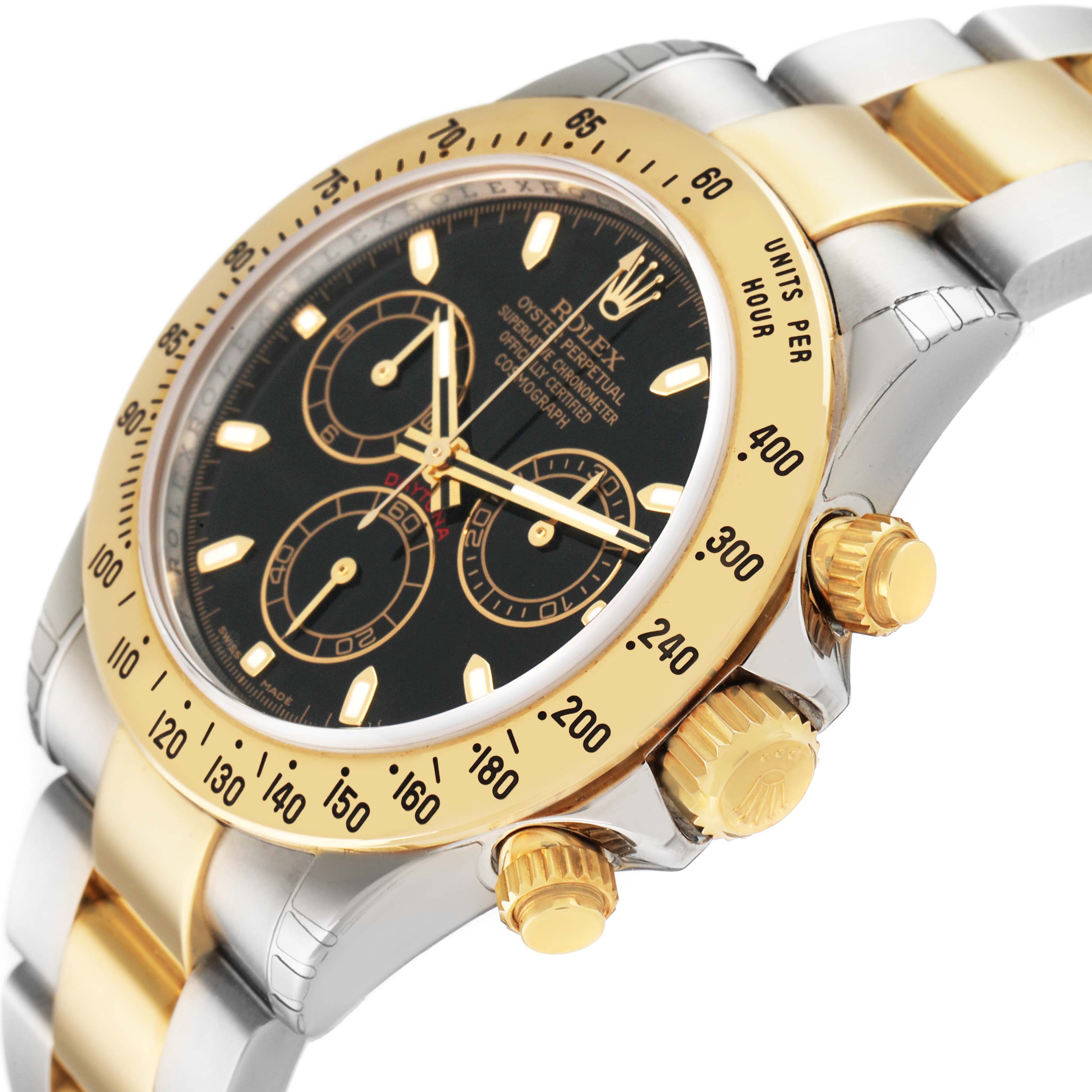 The Rolex Daytona 116523 Men's Steel and Gold (two tone) Black Dial watch is shown at a side angle, highlighting its bezel, dial, crown, and pushers.