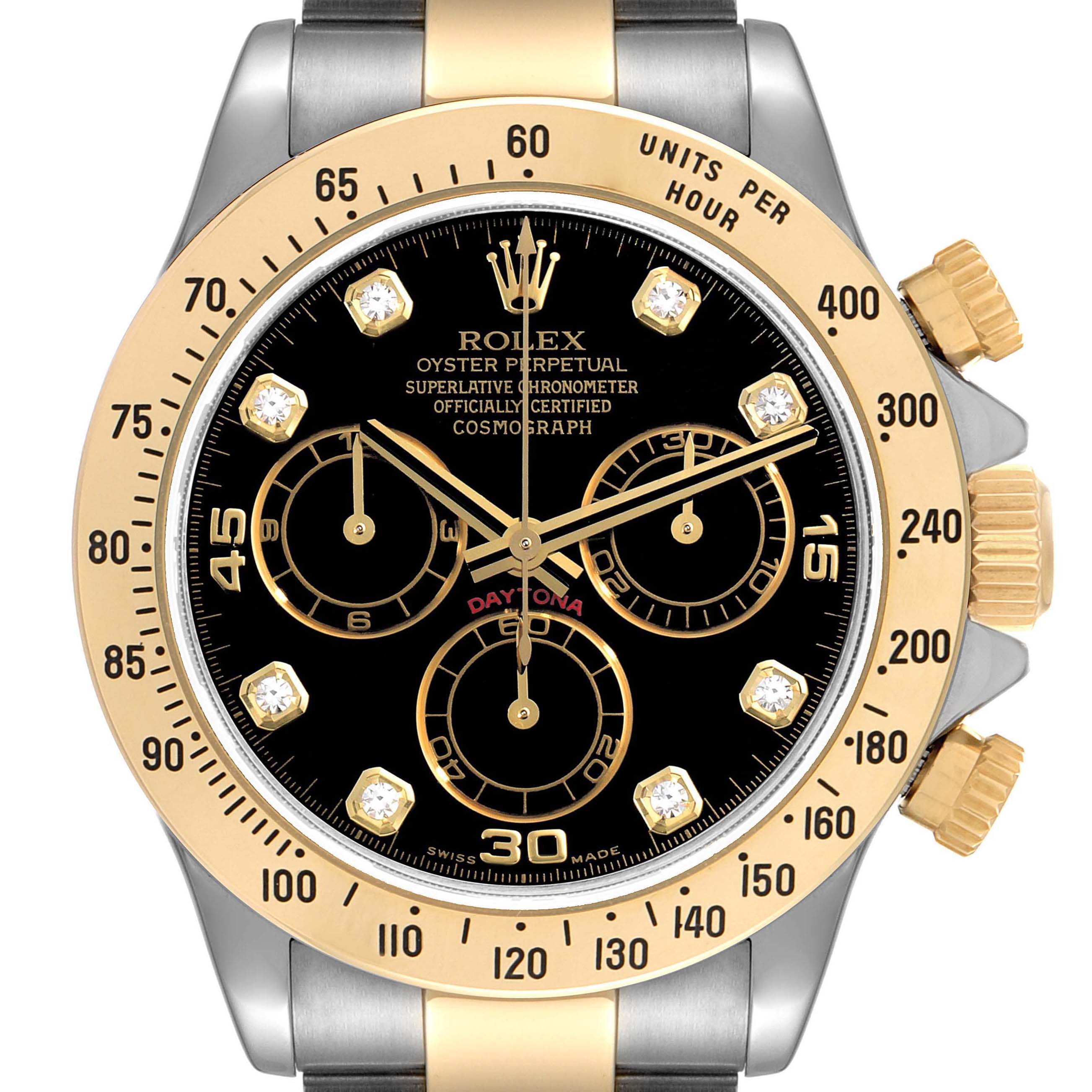 This image shows a close-up of the dial, bezel, and crown of a Rolex Daytona 116523 Men
s Steel and Gold (two tone) Black Dial 116523 Men
s Steel and Gold (two tone) Black Dial watch.